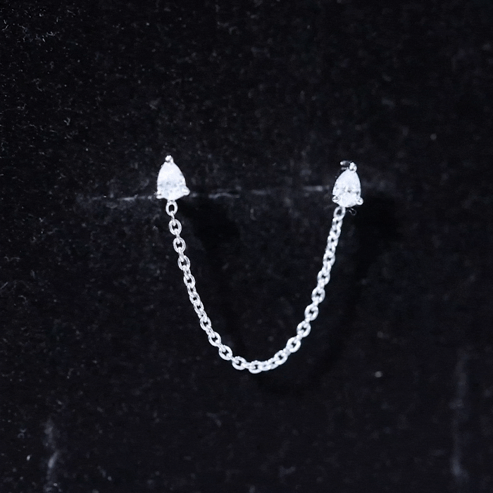Pear Moissanite Double Piercing Earring with Dangling Chain D-VS1 - Rosec Jewels