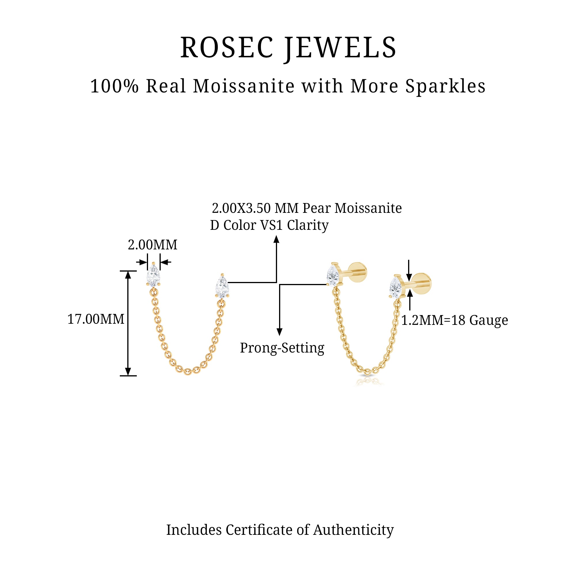 Pear Moissanite Double Piercing Earring with Dangling Chain D-VS1 - Rosec Jewels
