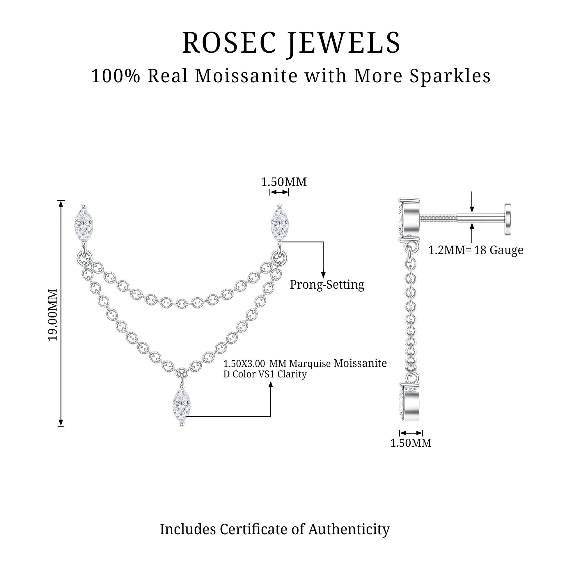 Marquise Moissanite Double Chain Earring for Women D-VS1 - Rosec Jewels
