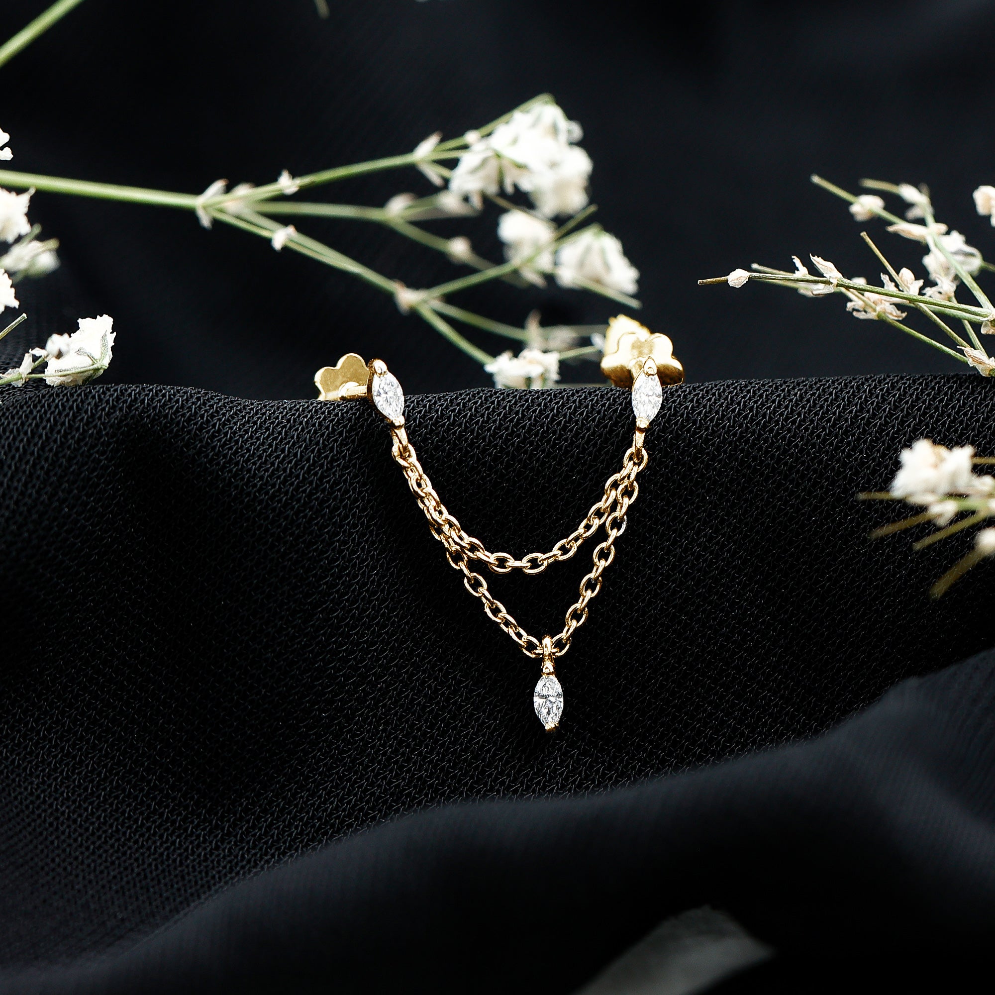 Marquise Moissanite Double Chain Earring for Women D-VS1 - Rosec Jewels
