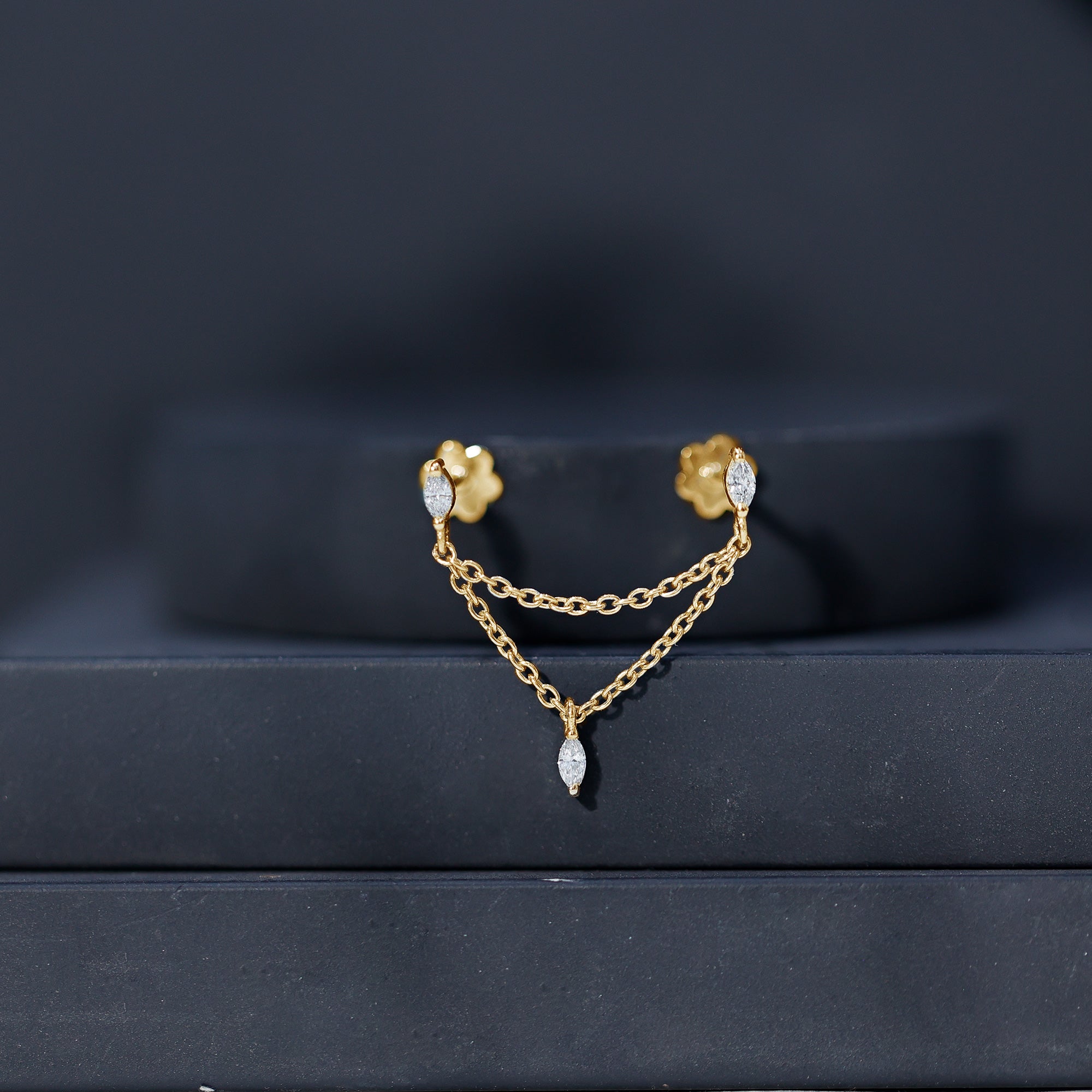 Marquise Moissanite Double Chain Earring for Women D-VS1 - Rosec Jewels