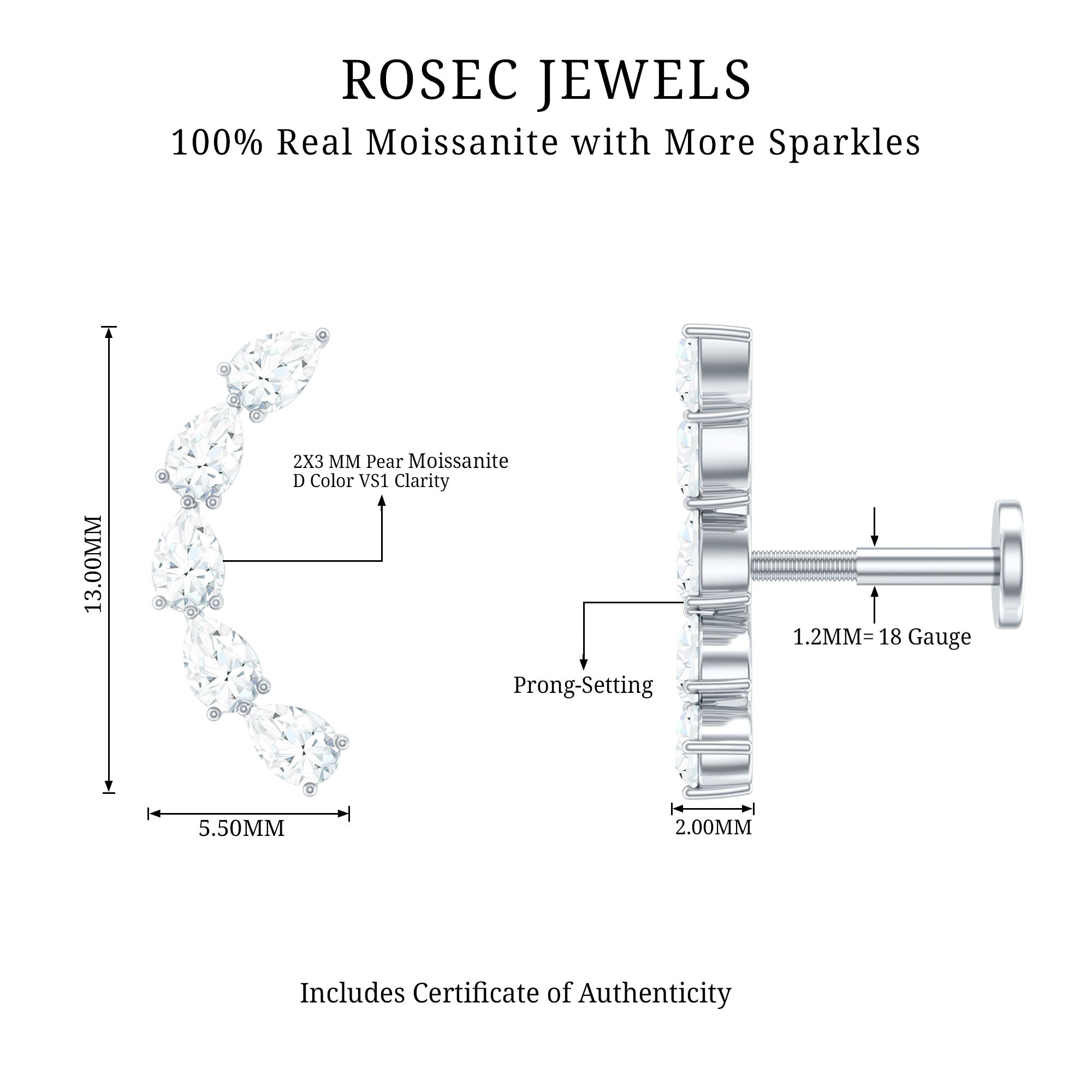 Certified Pear Cut Moissanite Ear Crawler Earring D-VS1 - Rosec Jewels