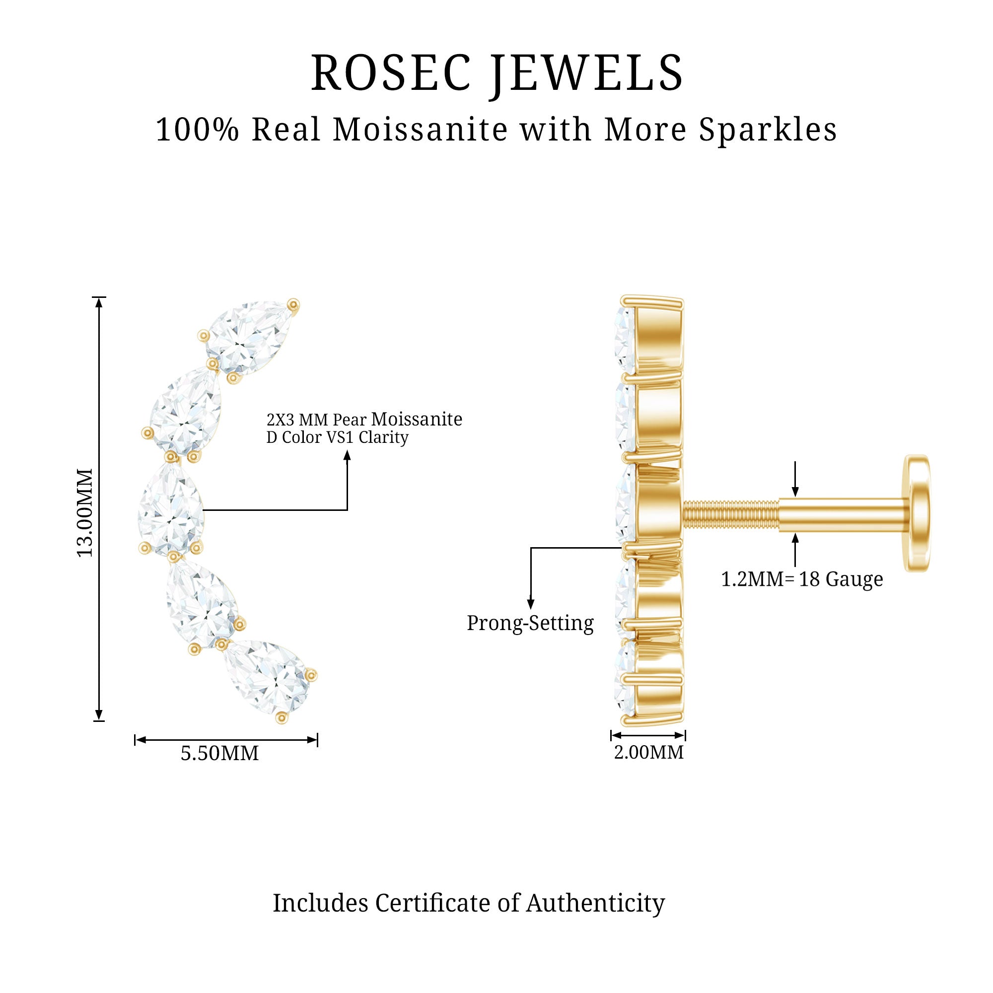 Certified Pear Cut Moissanite Ear Crawler Earring D-VS1 - Rosec Jewels