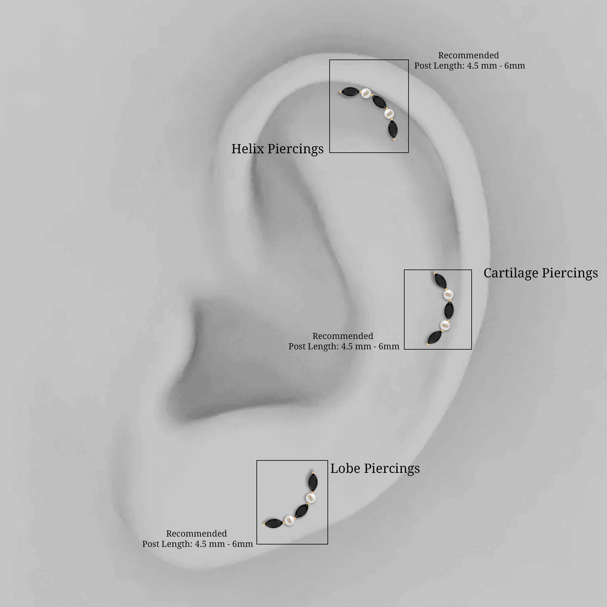 Black Onyx and Pearl Ear Crawler Earring for Helix Piercing AAA - Rosec Jewels