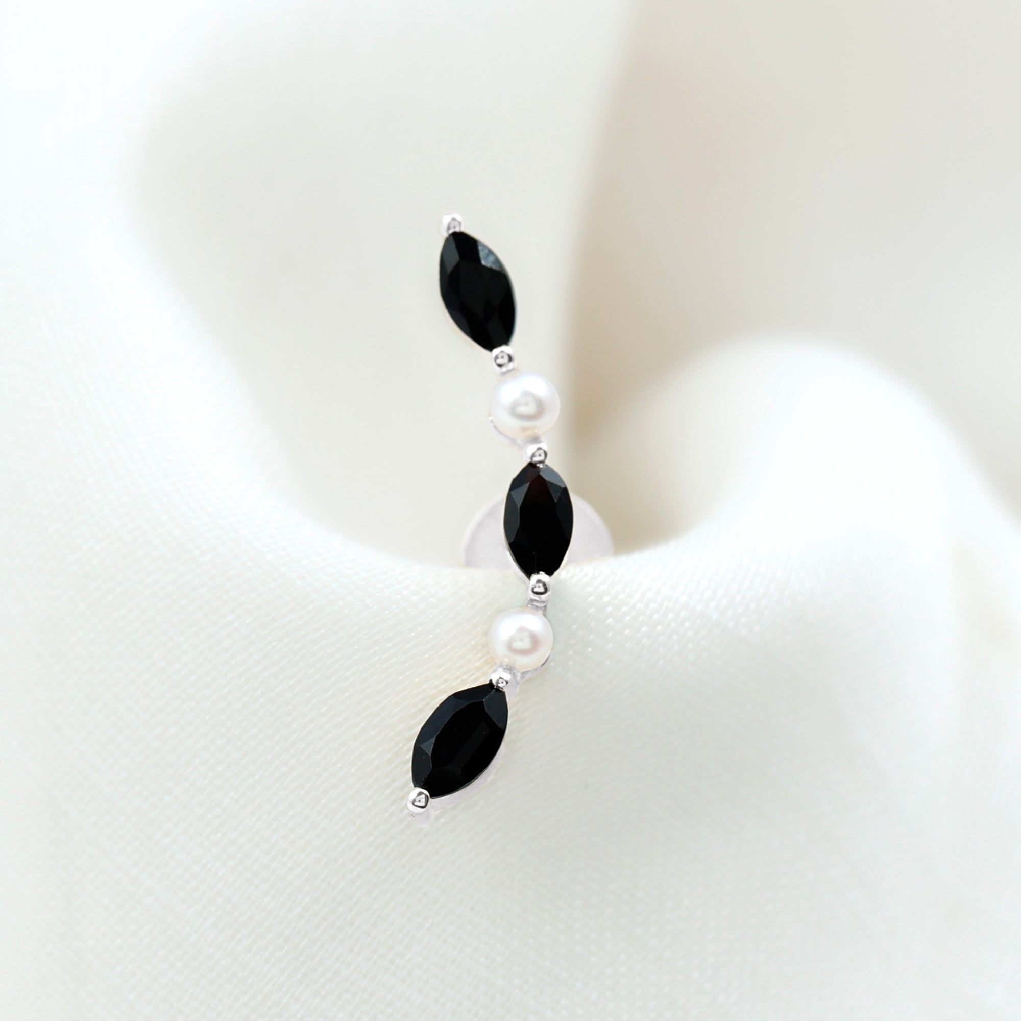 Black Onyx and Pearl Ear Crawler Earring for Helix Piercing AAA - Rosec Jewels
