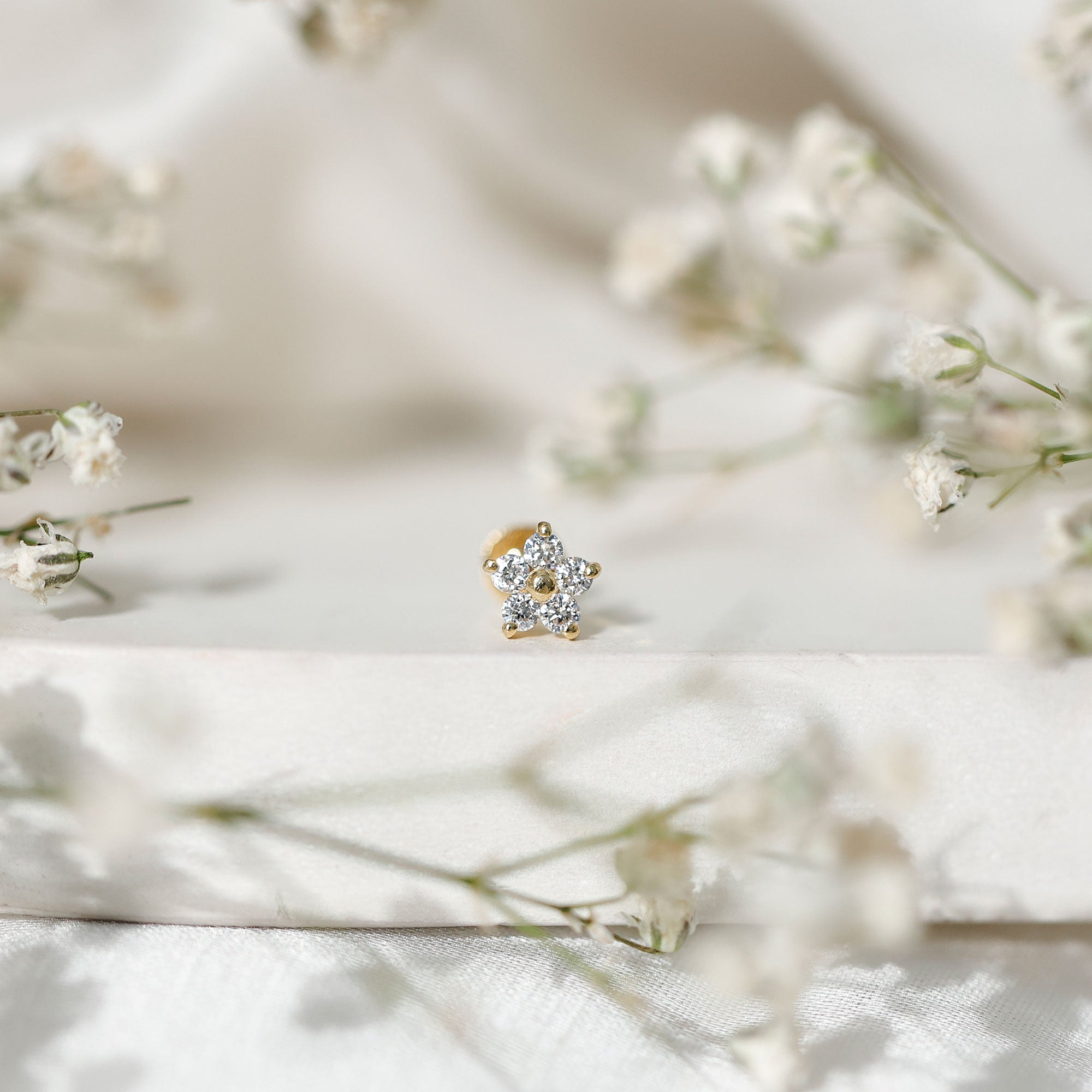 Minimalist Diamond Flower Tragus Earring with Flat Back Natural - ( HI-SI ) - Rosec Jewels