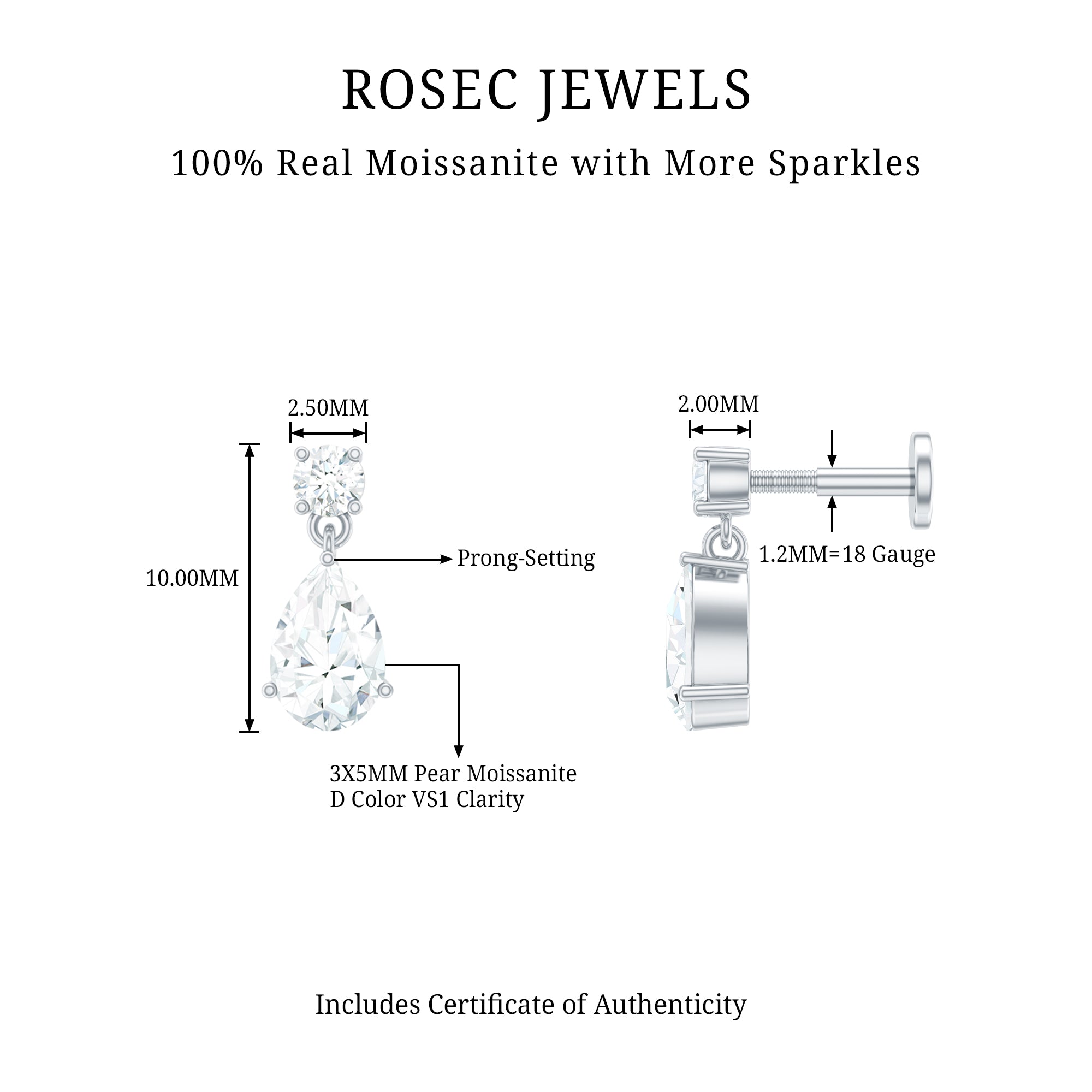 Moissanite Teardrop Earring for Helix Piercing D-VS1 - Rosec Jewels