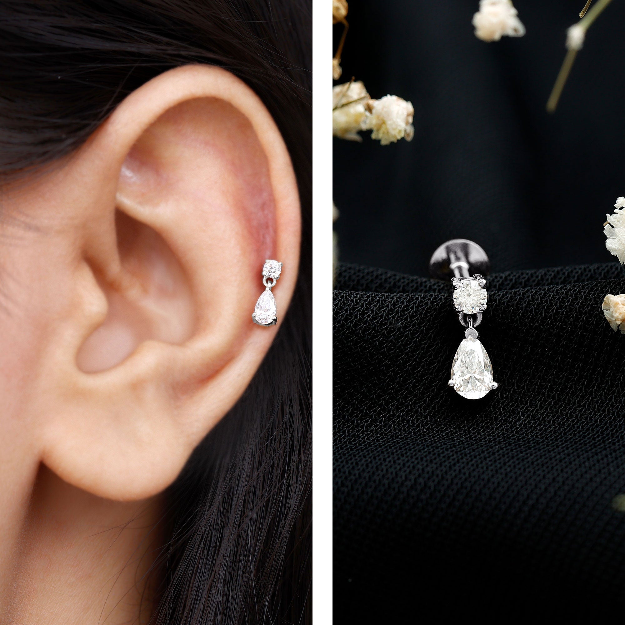 Moissanite Teardrop Earring for Helix Piercing D-VS1 - Rosec Jewels