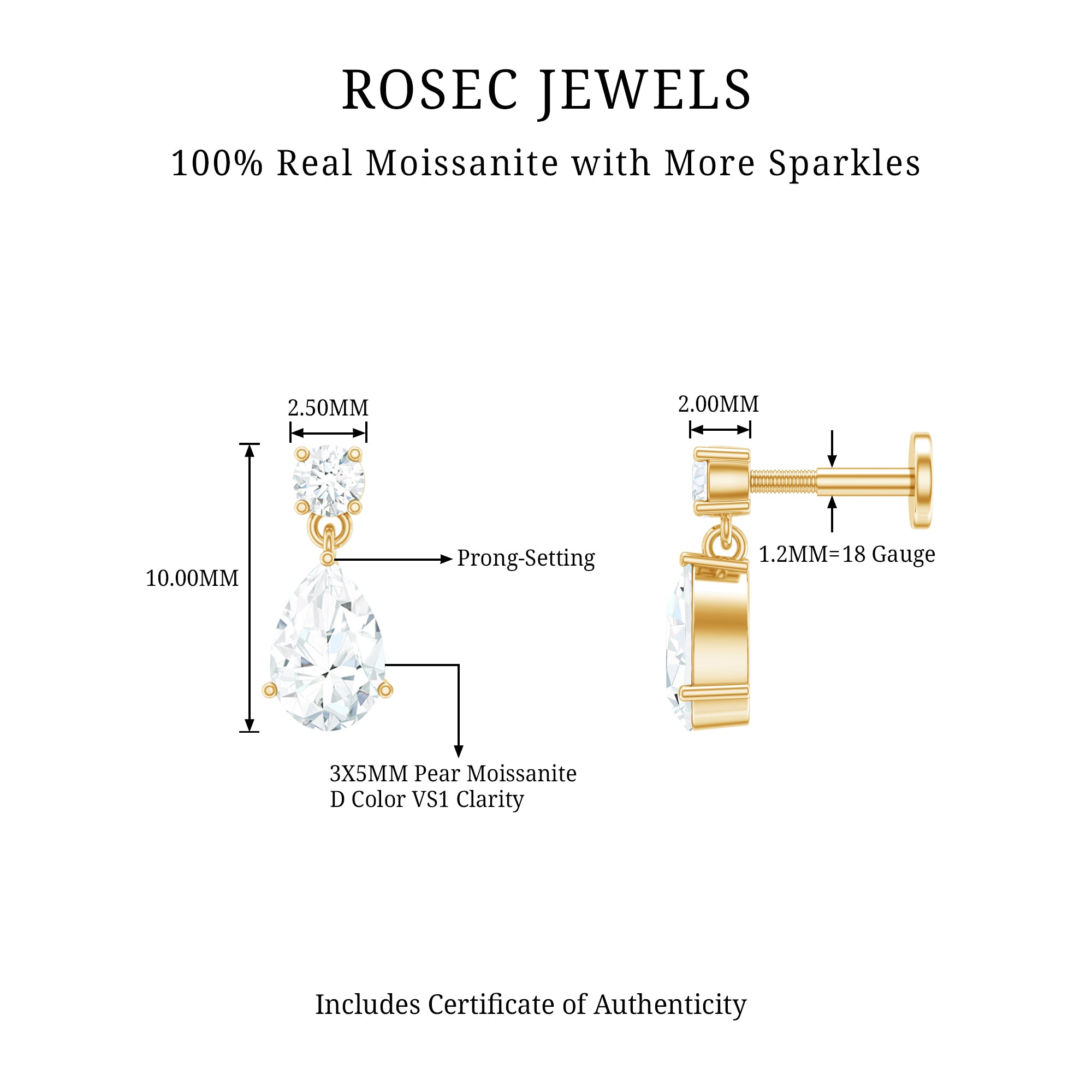 Moissanite Teardrop Earring for Helix Piercing D-VS1 - Rosec Jewels