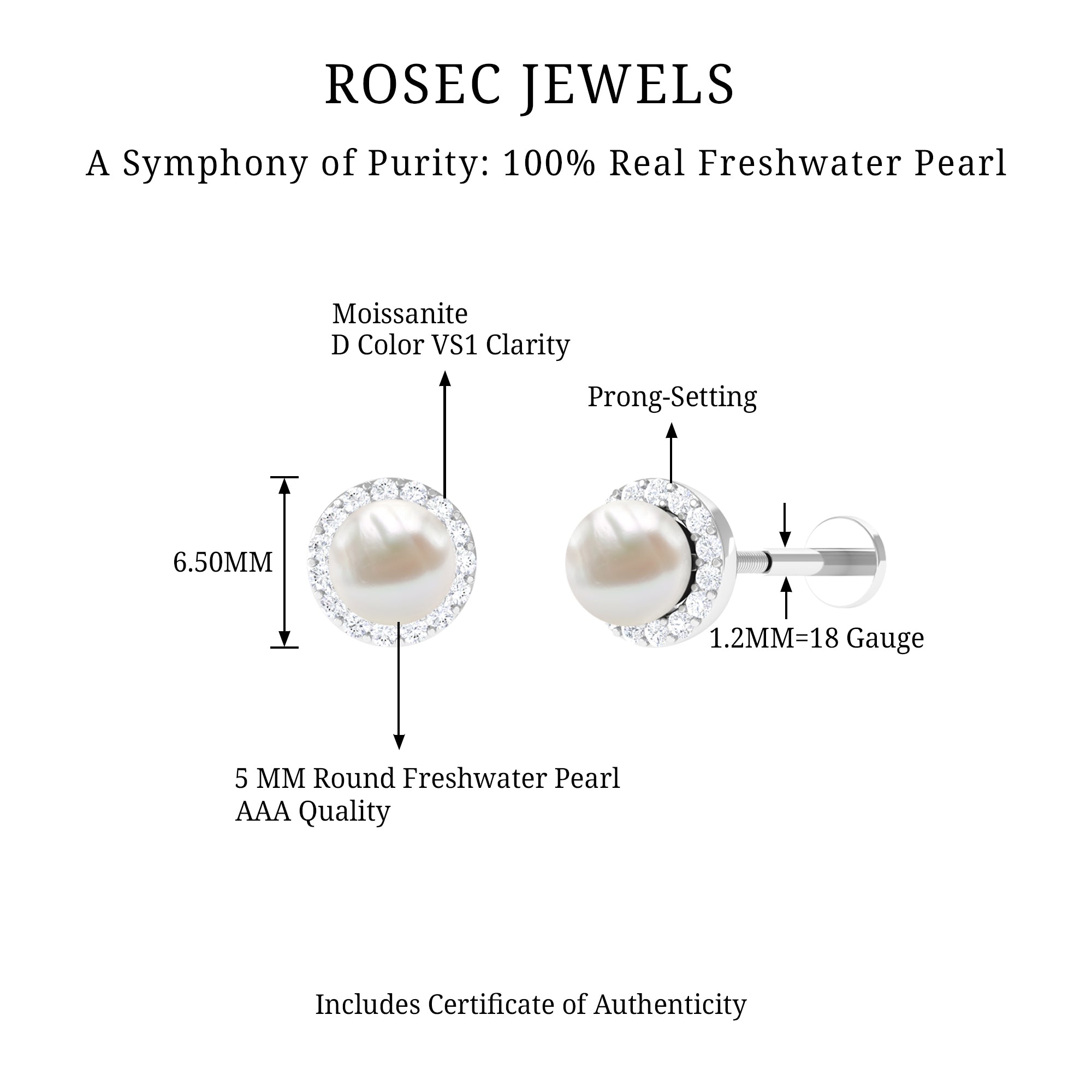 Rosec Jewels-Round Freshwater Pearl and Moissanite Halo Cartilage Earring