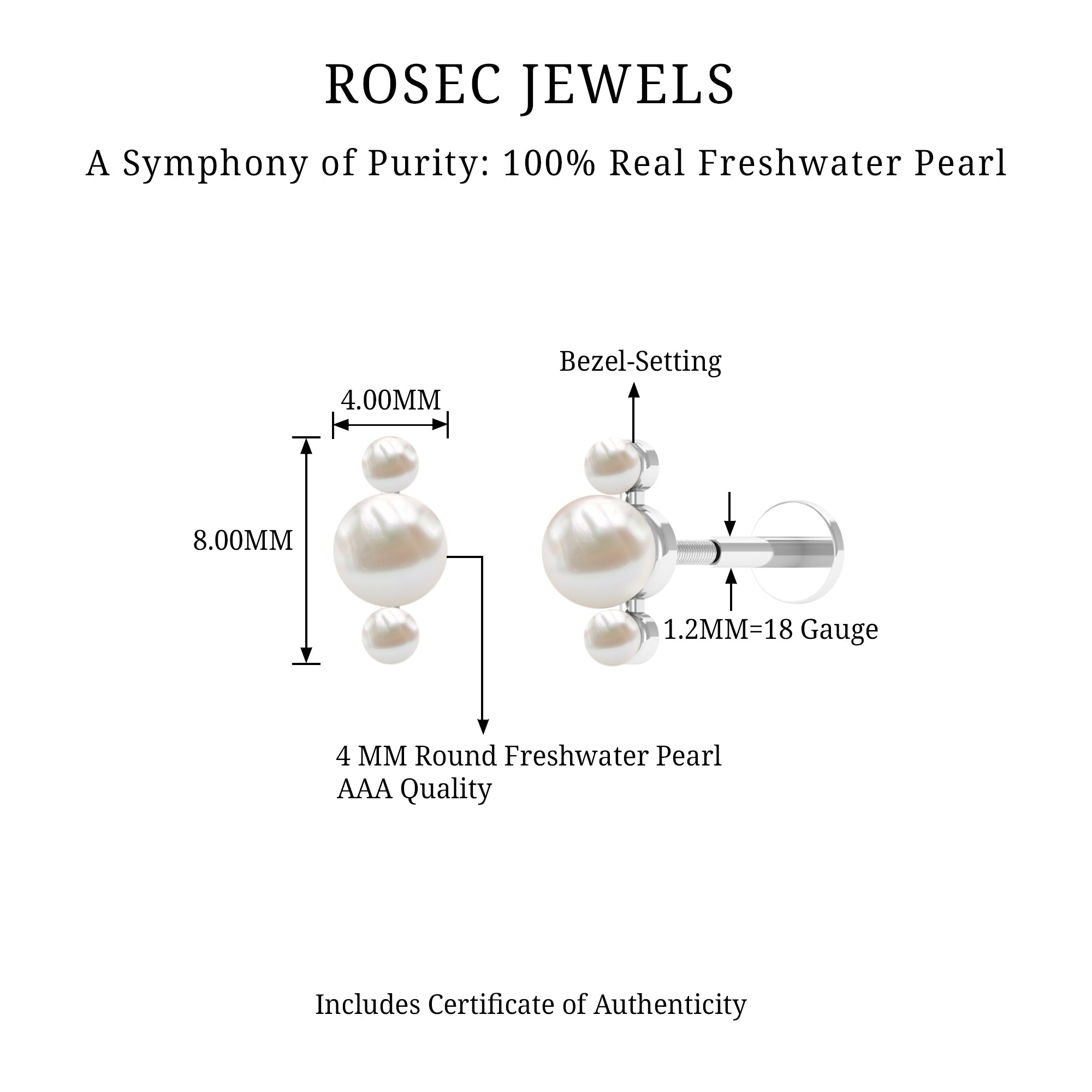 Rosec Jewels-Round Freshwater Pearl Three Stone Cartilage Earring