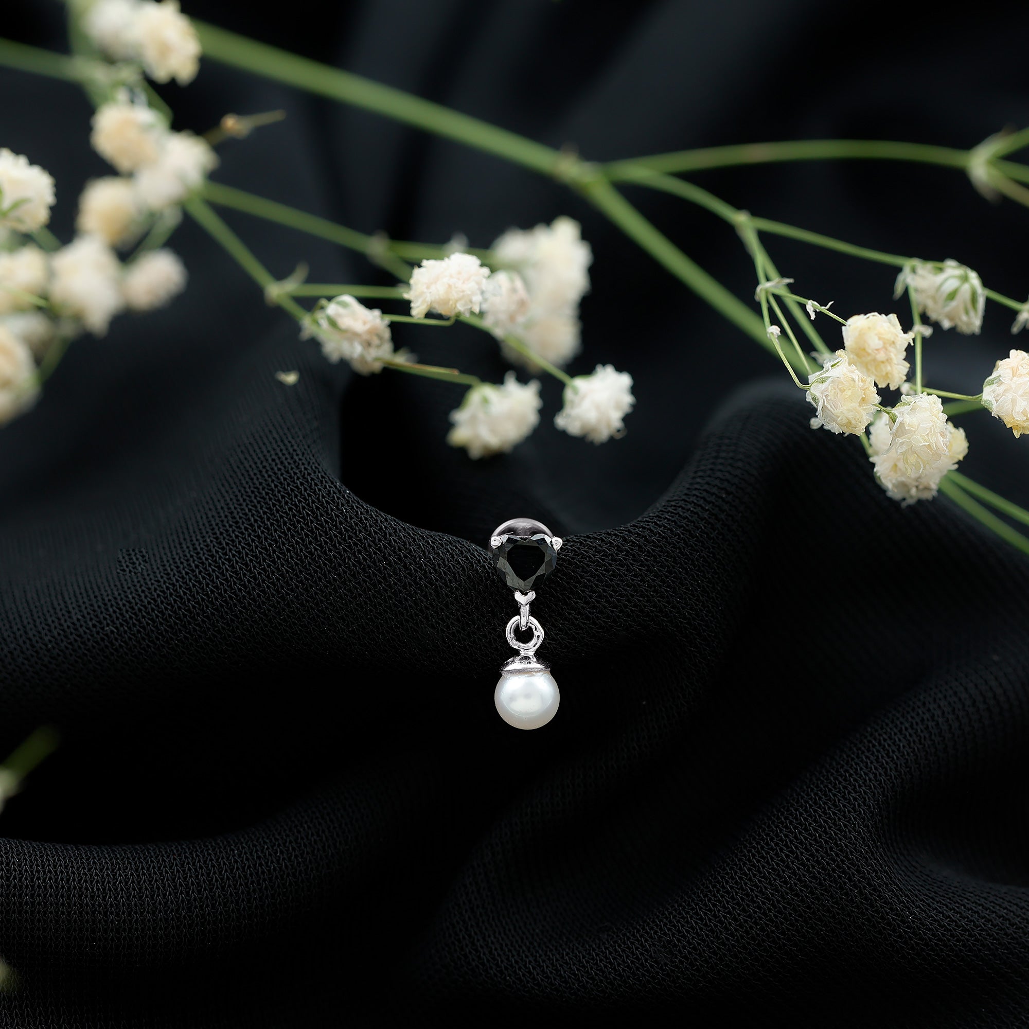 Real Black Onyx and Freshwater Pearl Helix Drop Earring AAA - Rosec Jewels