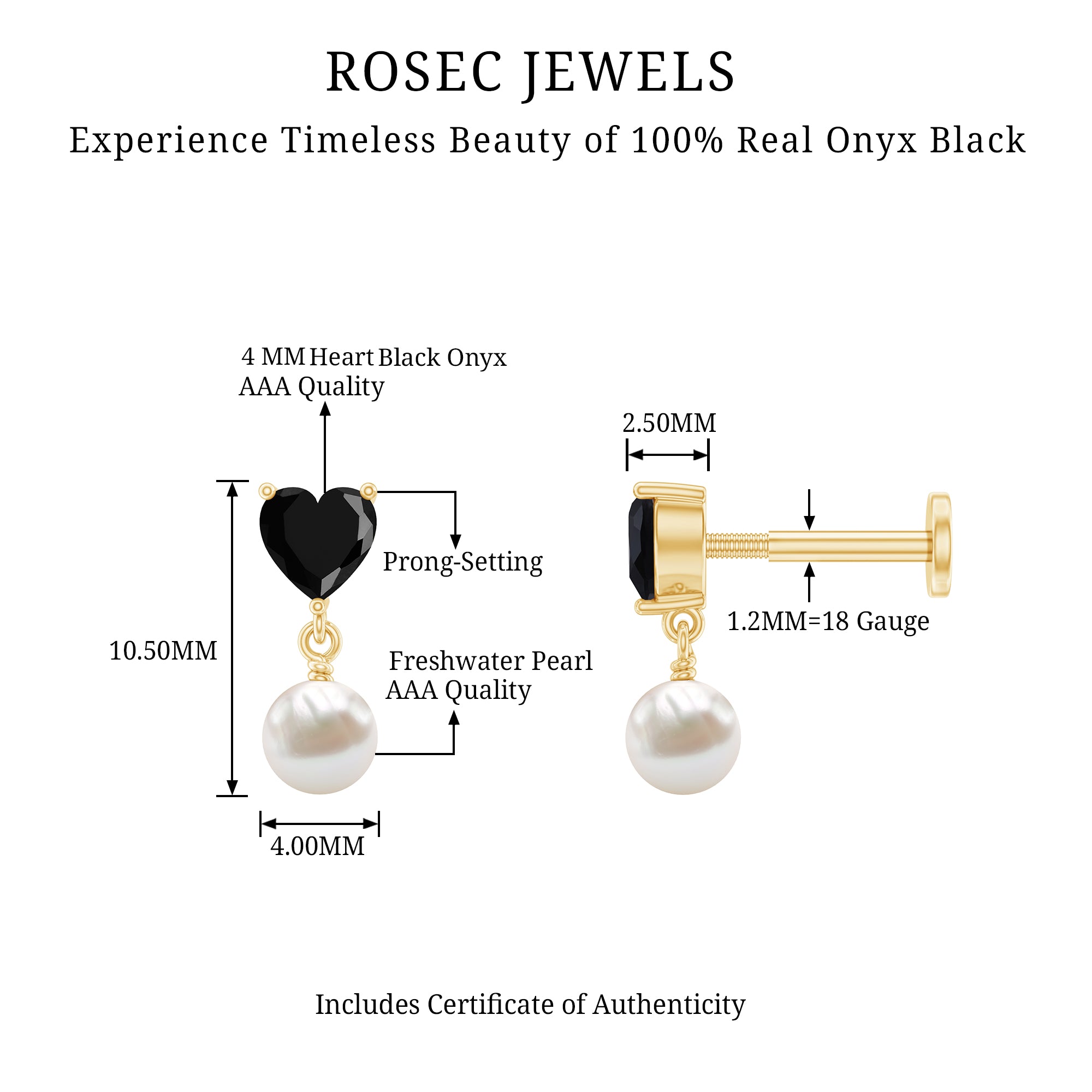 Real Black Onyx and Freshwater Pearl Helix Drop Earring AAA - Rosec Jewels