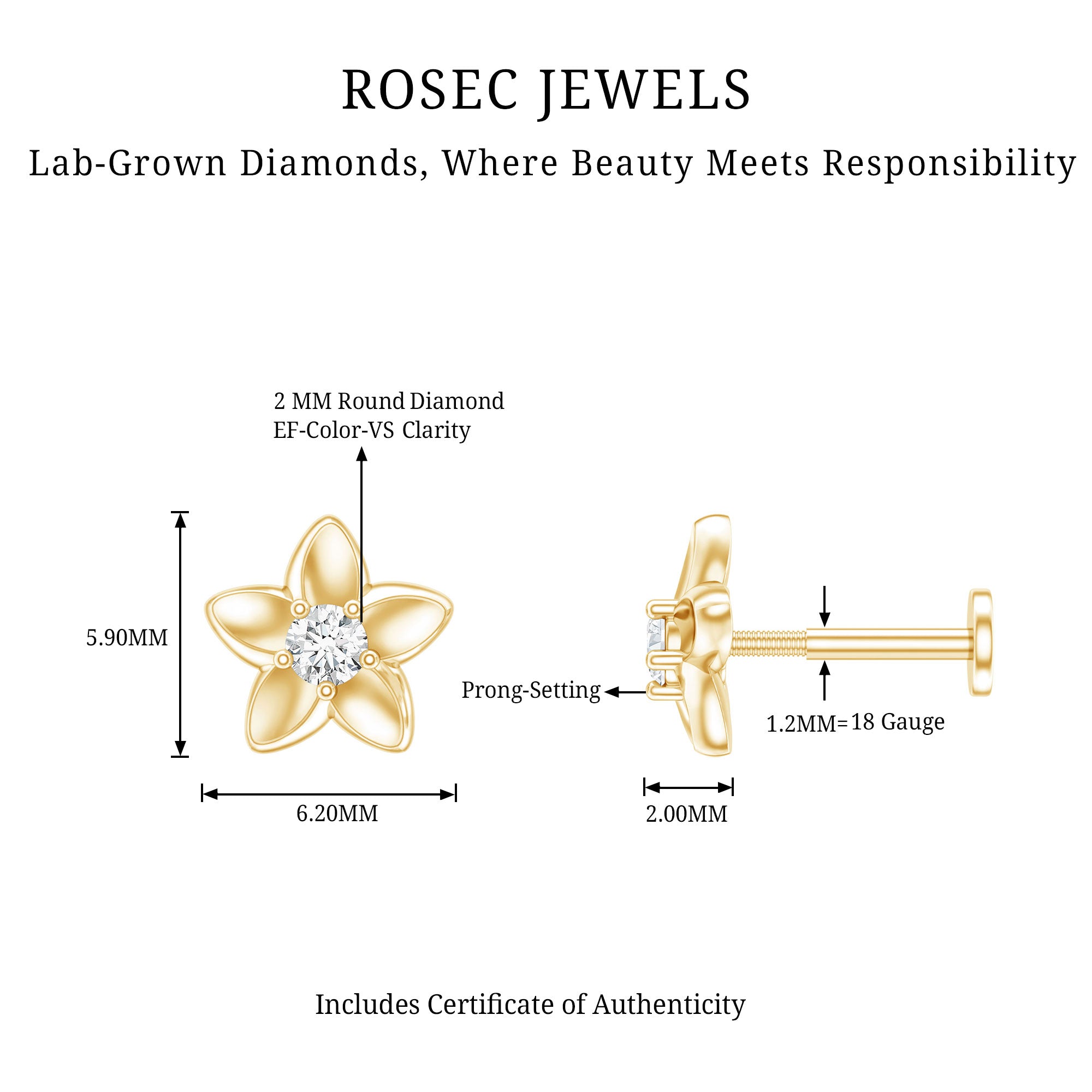 Nature Inspired Diamond Earring for Conch Piercing Lab - ( EF-VS ) - Rosec Jewels