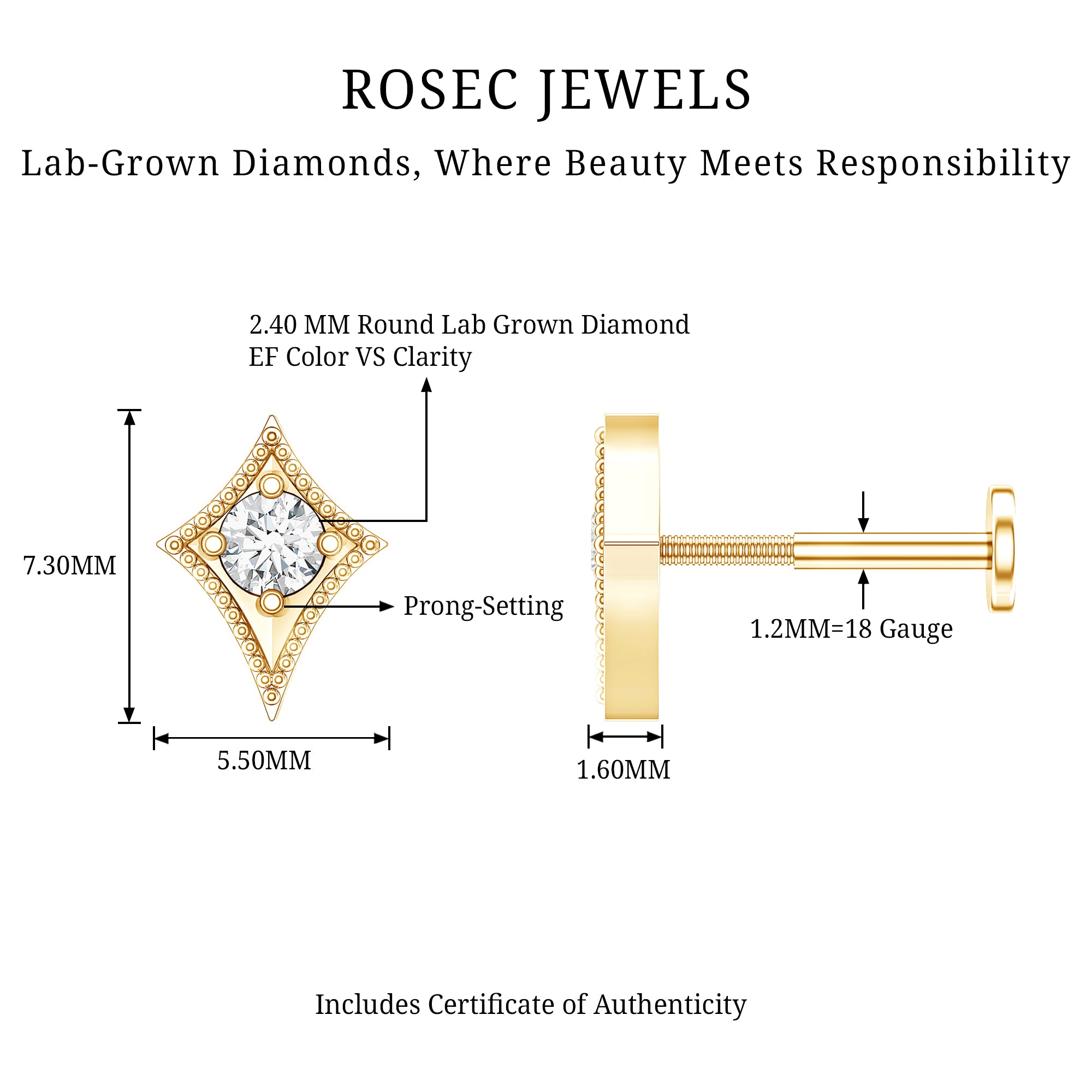 Diamond Kite Shape Tragus Earring Lab - ( EF-VS ) - Rosec Jewels