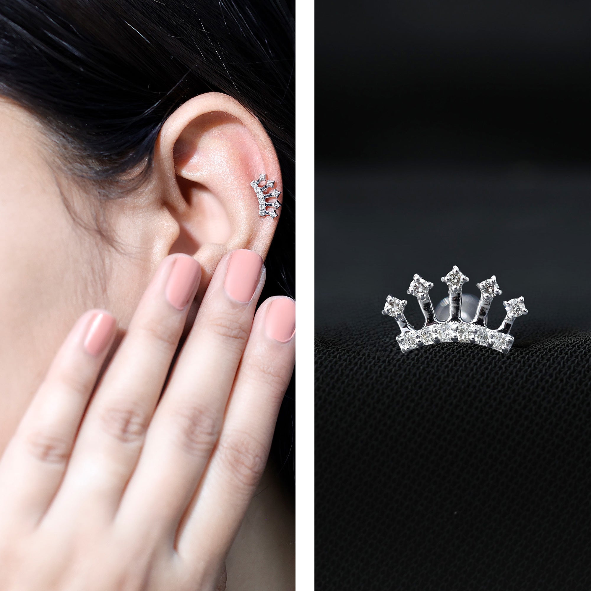 Certified Diamond Crown Earring for Helix Piercing Lab - ( EF-VS ) - Rosec Jewels