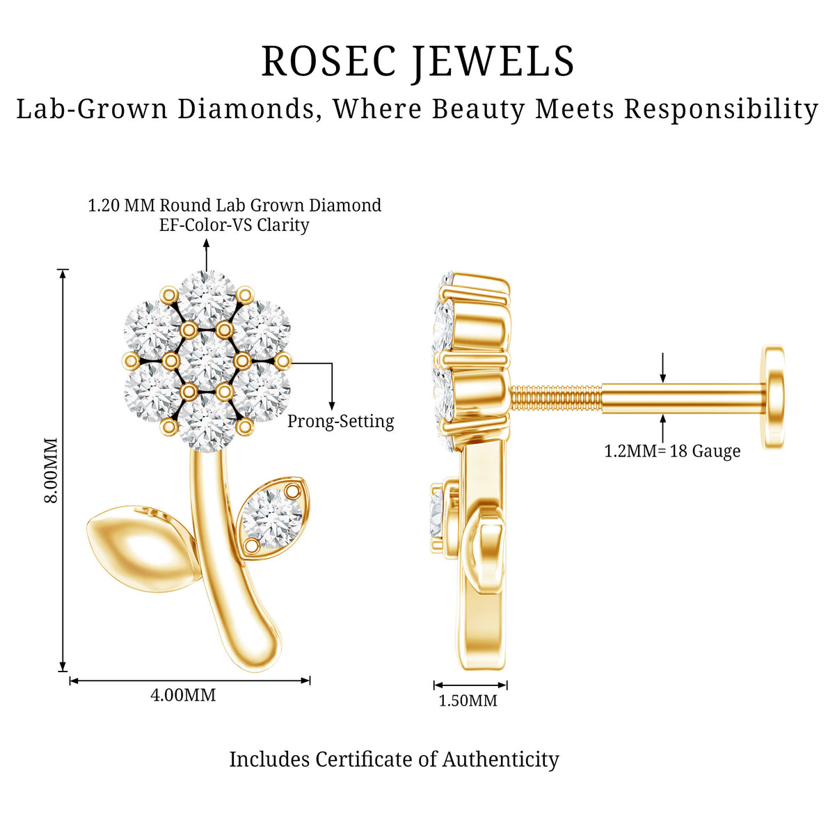 Diamond Flower Helix Earring Lab - ( EF-VS ) - Rosec Jewels