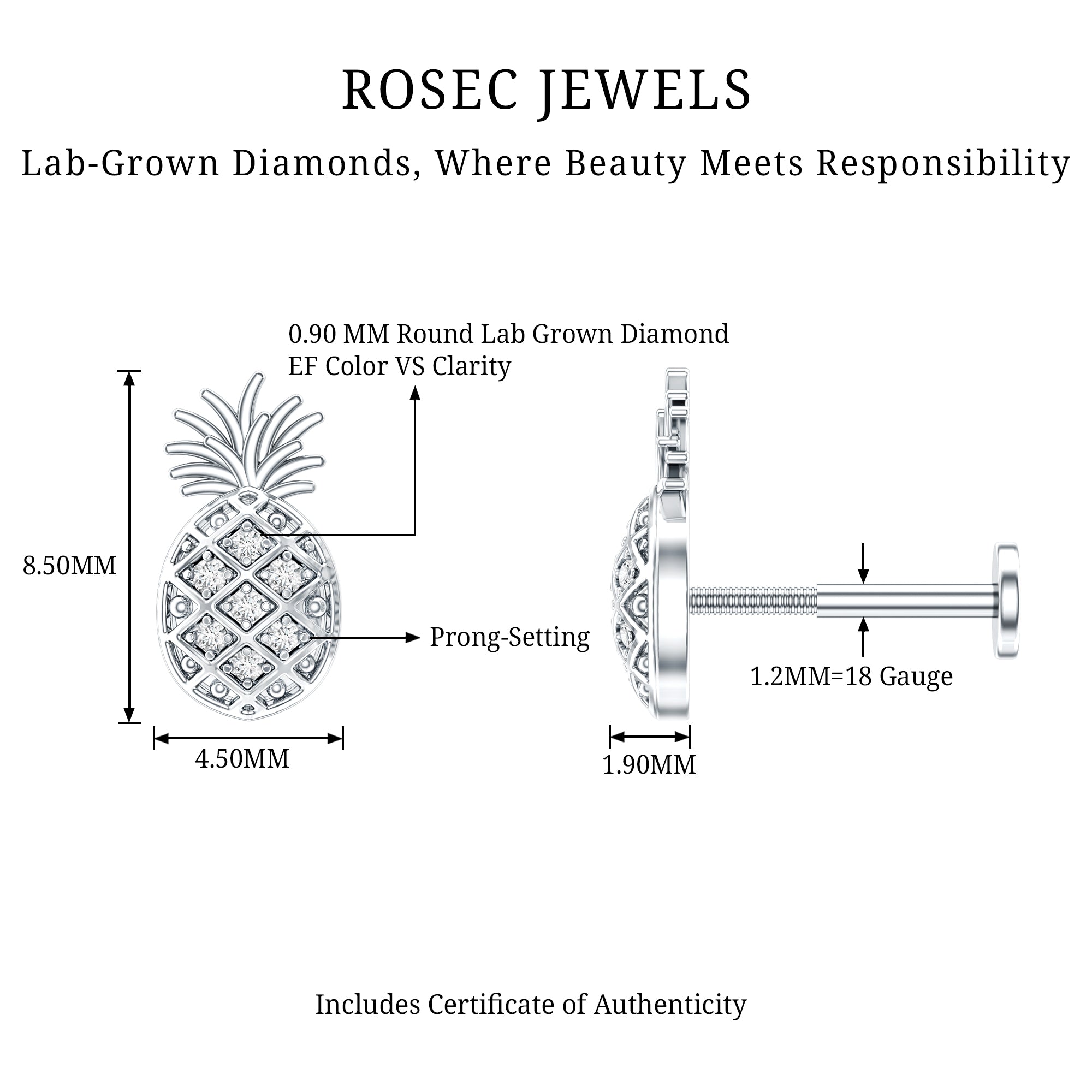 Diamond Pineapple Earring for Cartilage Piercing Lab - ( EF-VS ) - Rosec Jewels