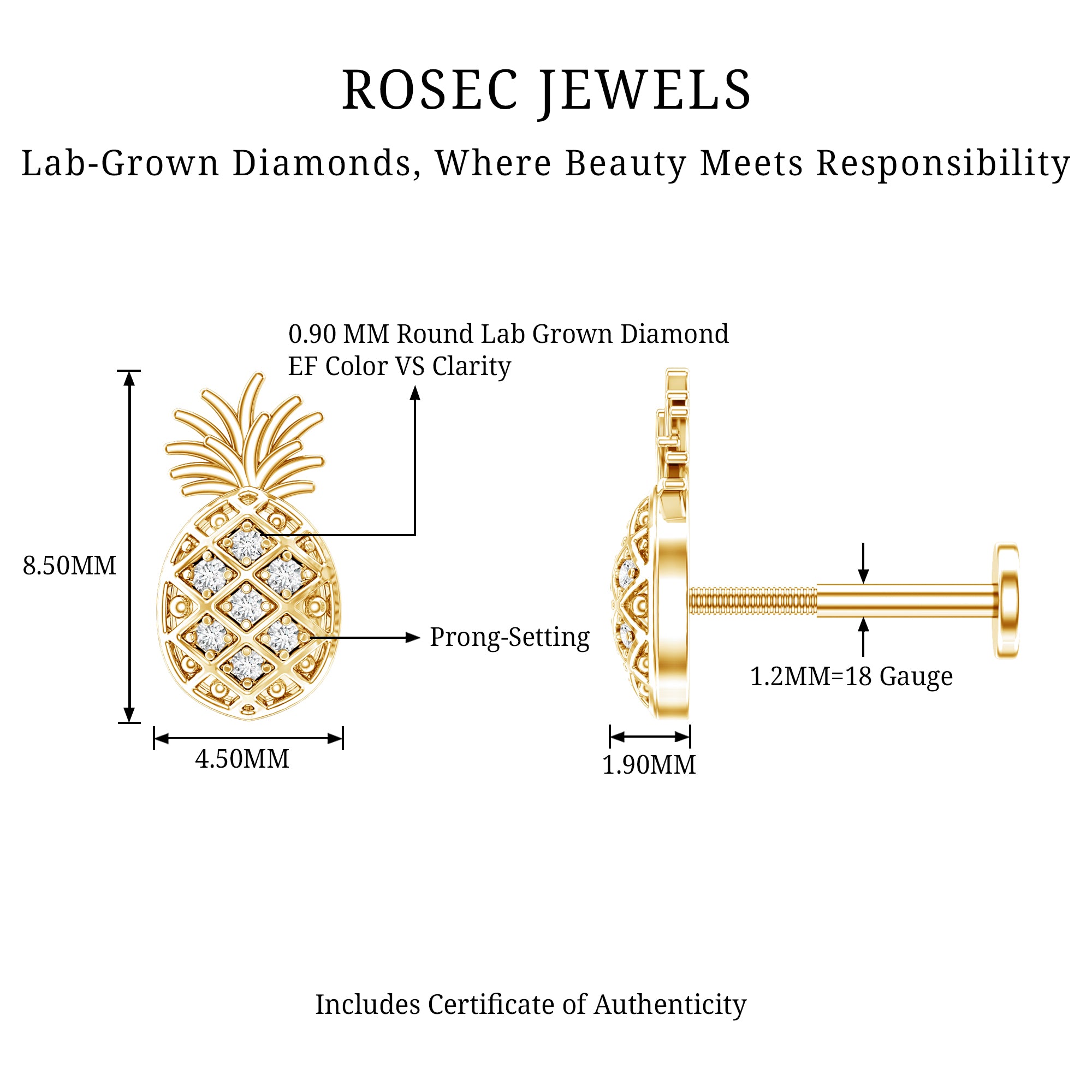 Diamond Pineapple Earring for Cartilage Piercing Lab - ( EF-VS ) - Rosec Jewels