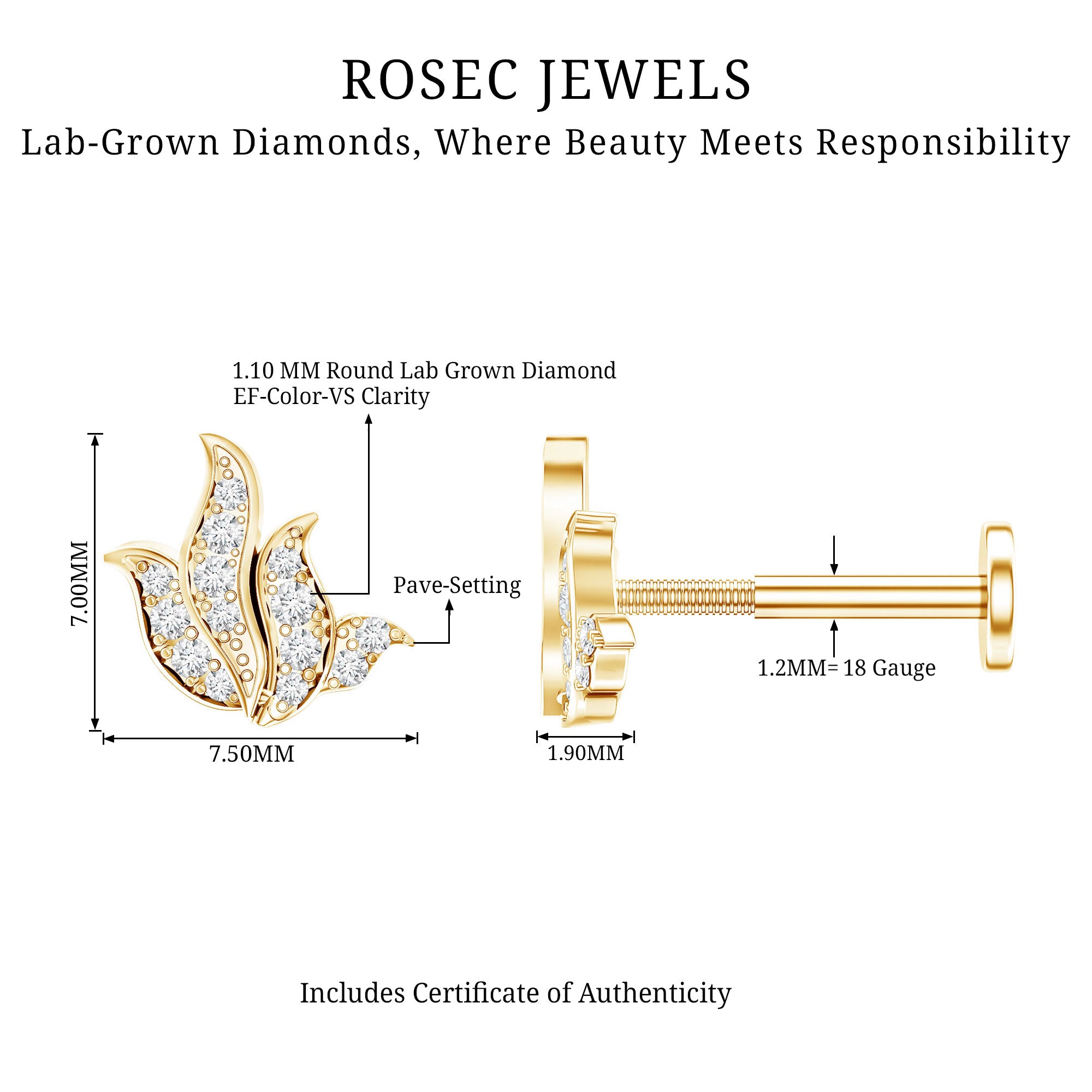 Diamond Leaf Helix Earring for Women Lab - ( EF-VS ) - Rosec Jewels