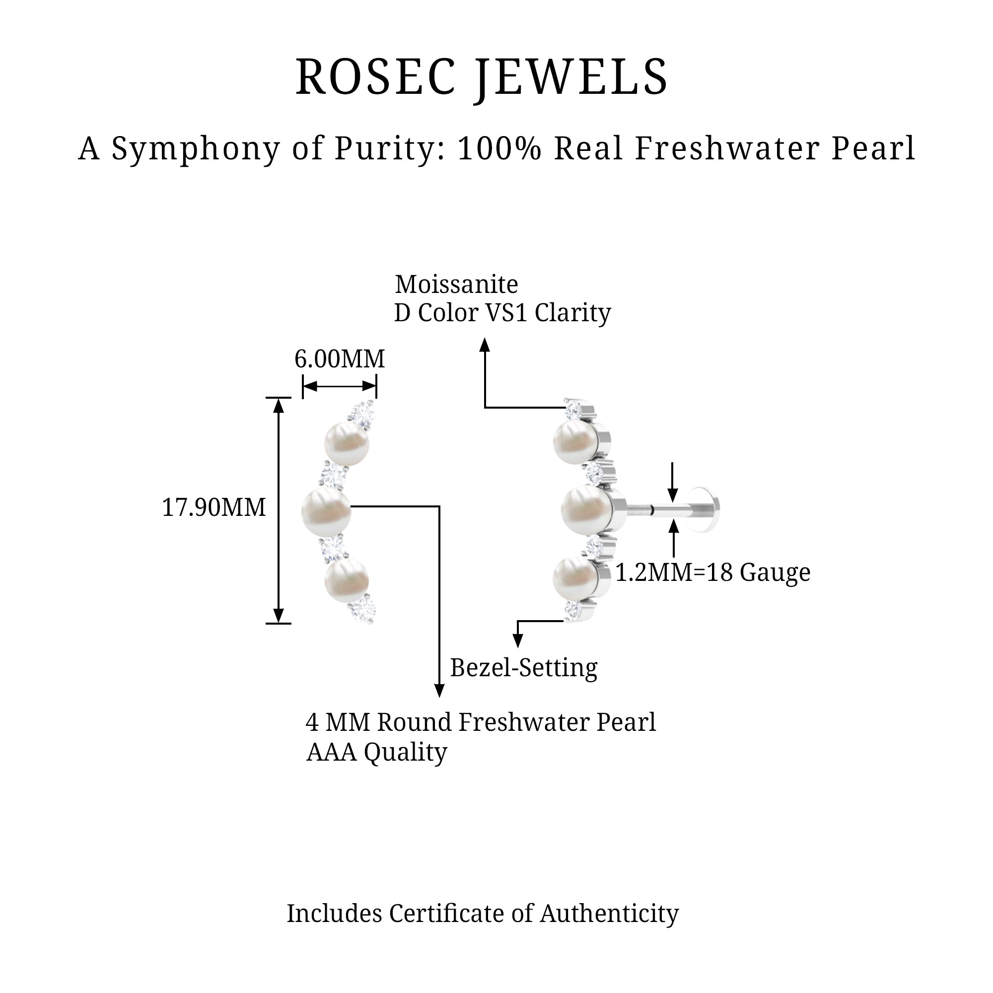 Rosec Jewels-Simple Freshwater Pearl and Moissanite Climber Earring