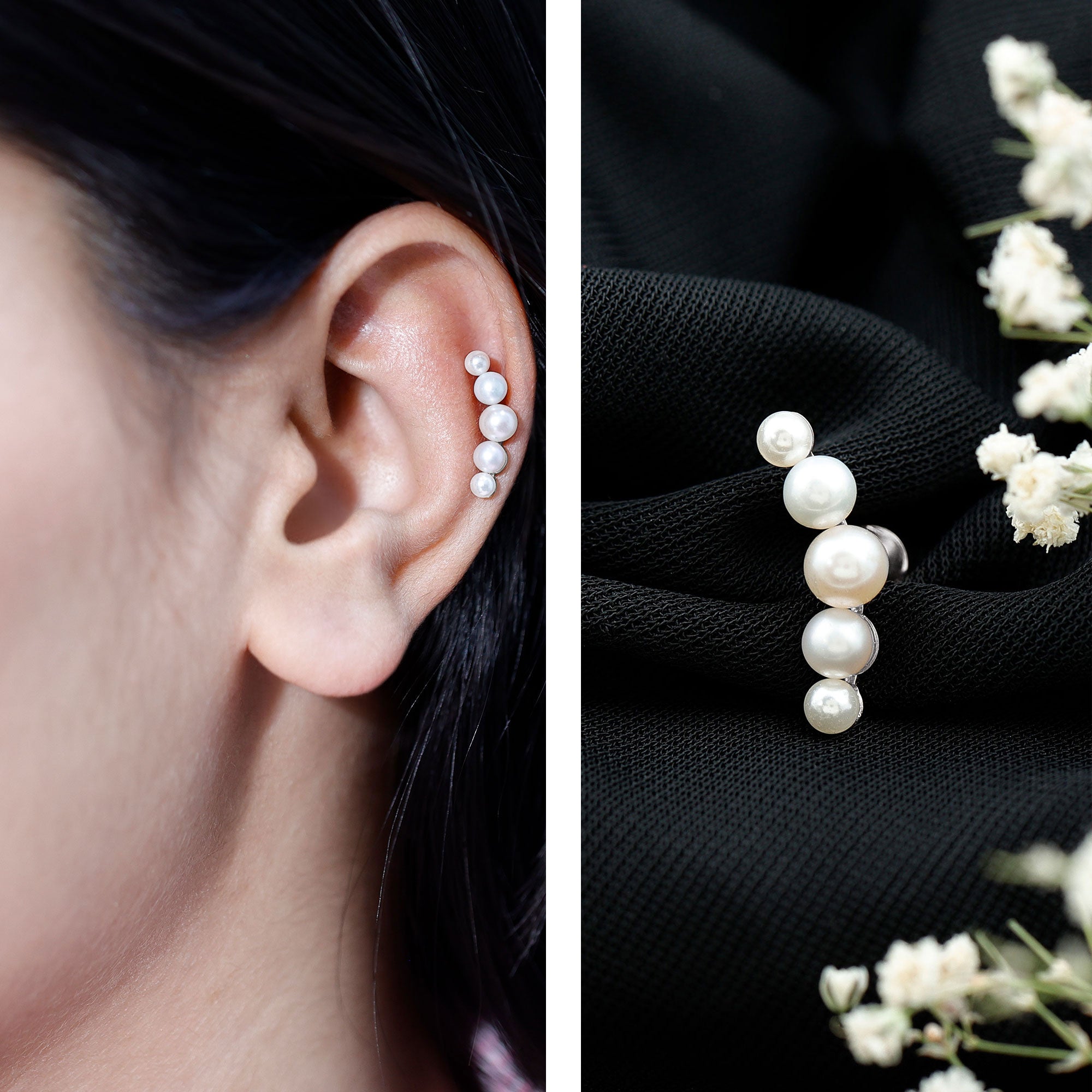 Round Freshwater Pearl Crawler Earring for Women AAA - Rosec Jewels