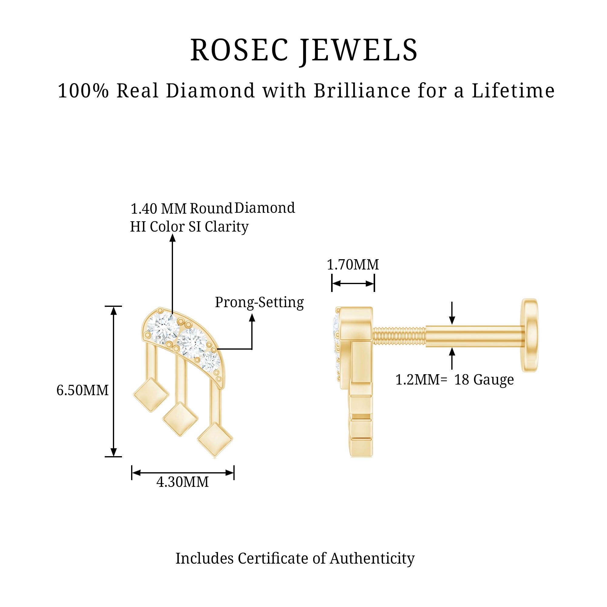 Real Diamond Music Note Earring for Cartilage Piercing Natural - ( HI-SI ) - Rosec Jewels