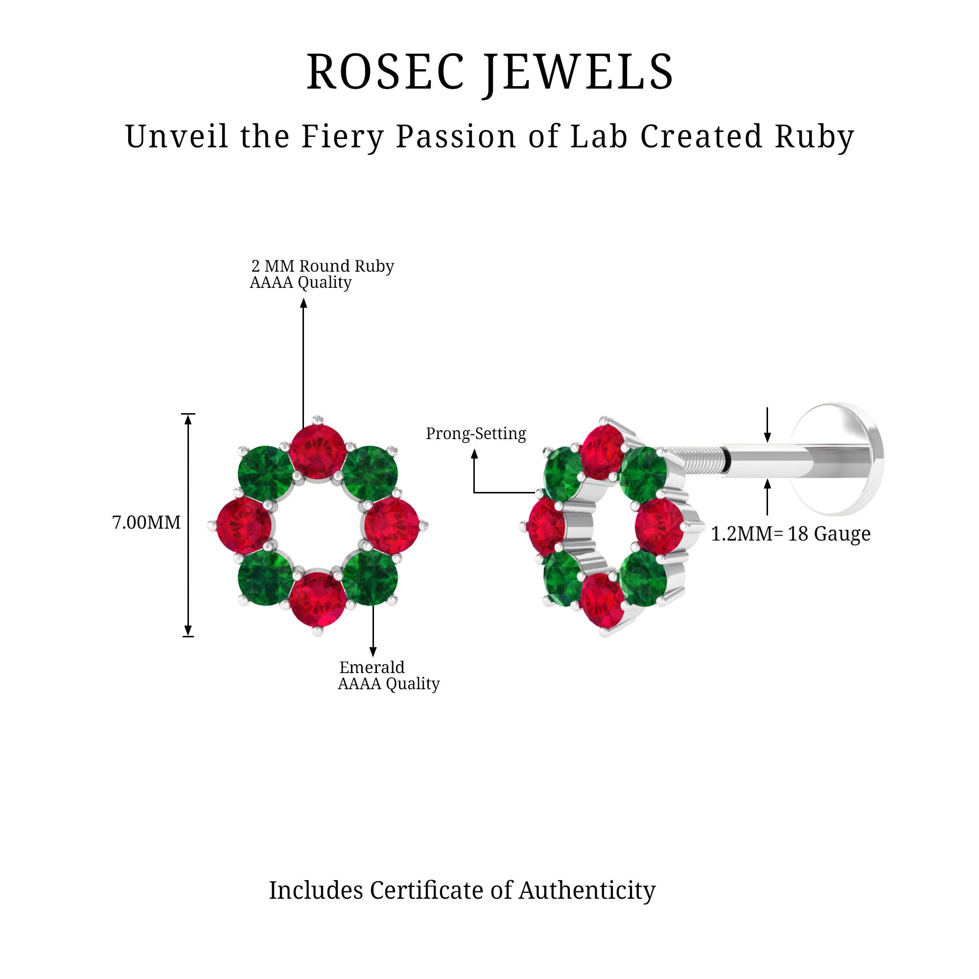 Lab Created Ruby and Created Emerald Wreath Helix Earring AAAA - Rosec Jewels