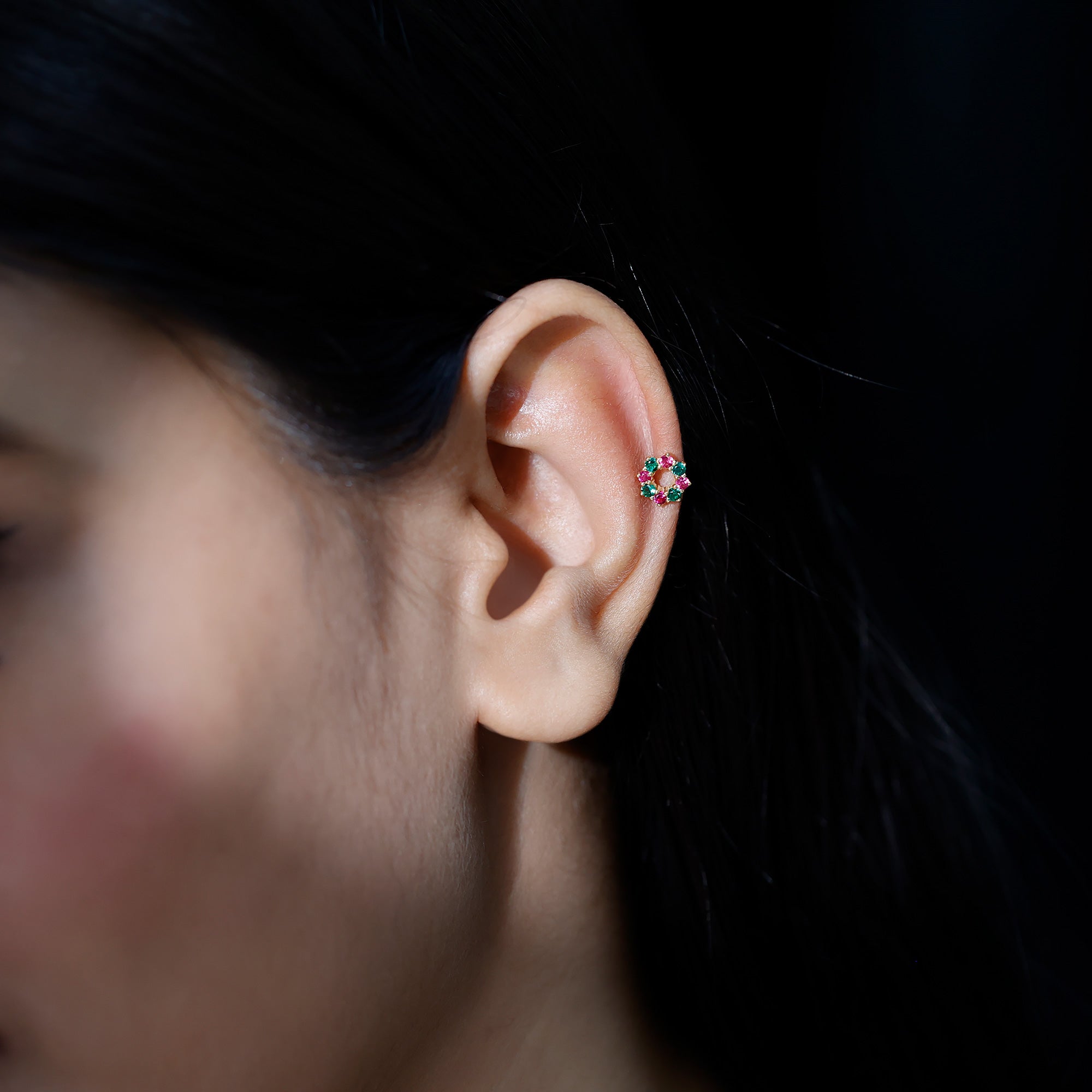 Lab Created Ruby and Created Emerald Wreath Helix Earring AAAA - Rosec Jewels