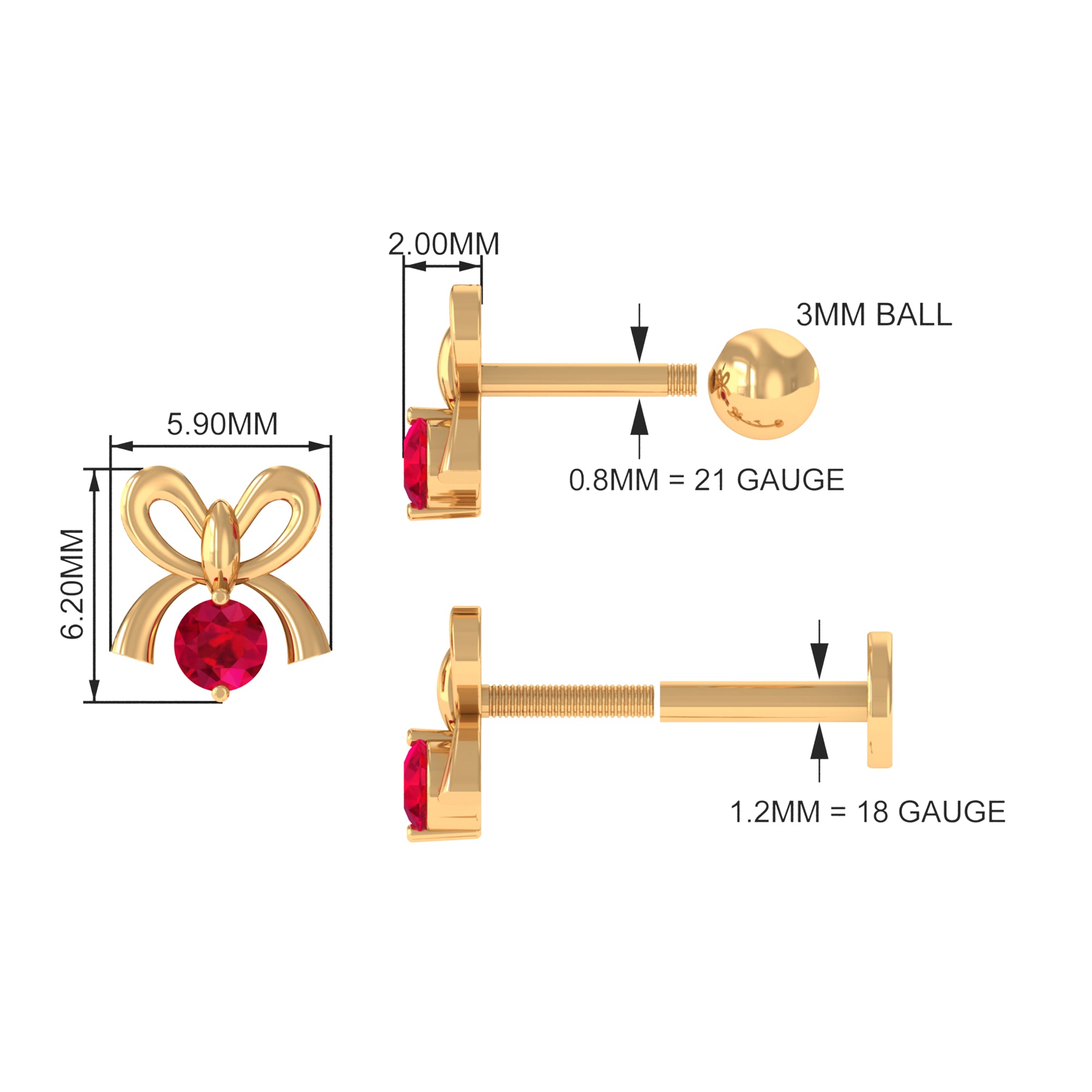 Red Ruby Cute Christmas Bow Cartilage Earring AAA - Rosec Jewels