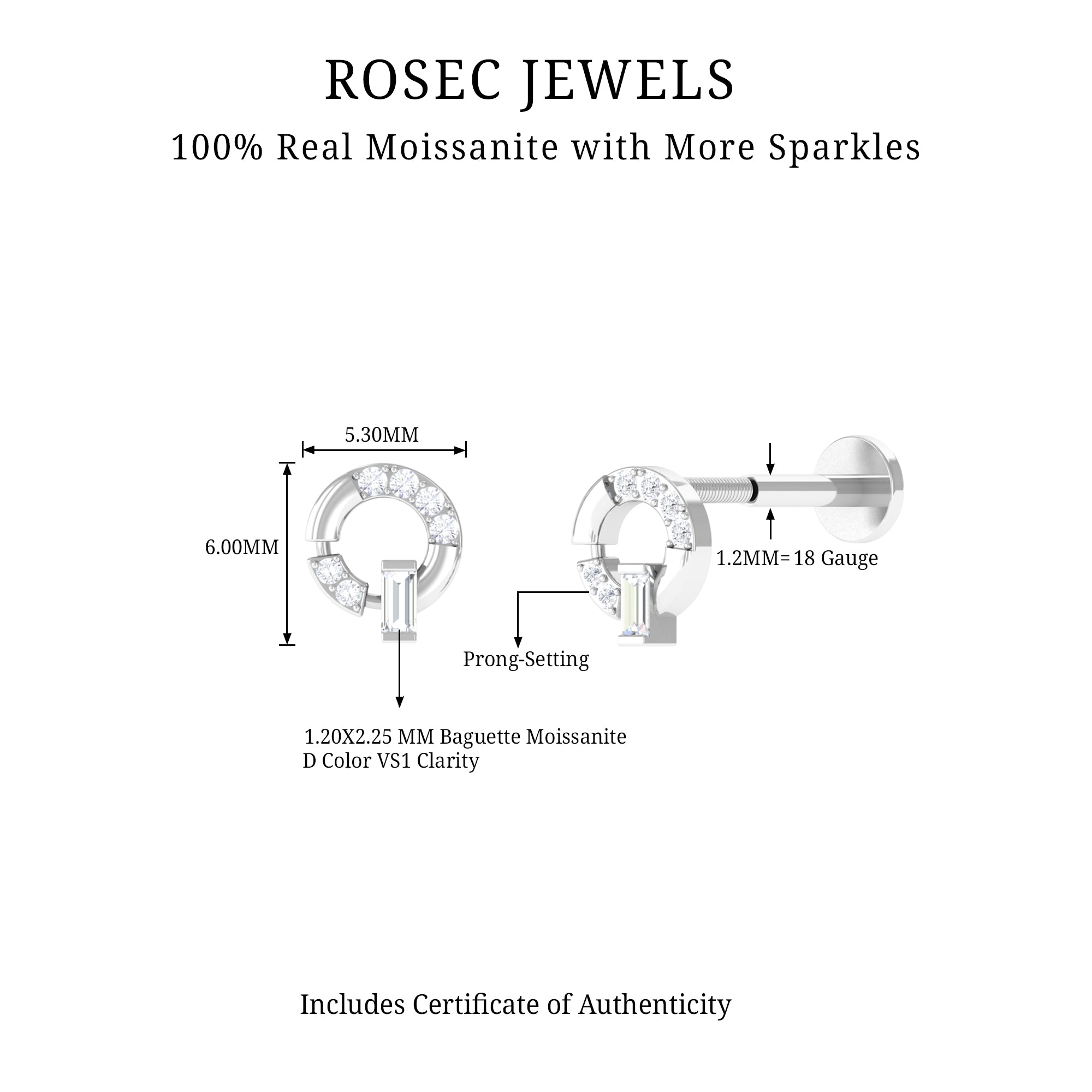Baguette and Round Moissanite Open Circle Cartilage Earring D-VS1 - Rosec Jewels