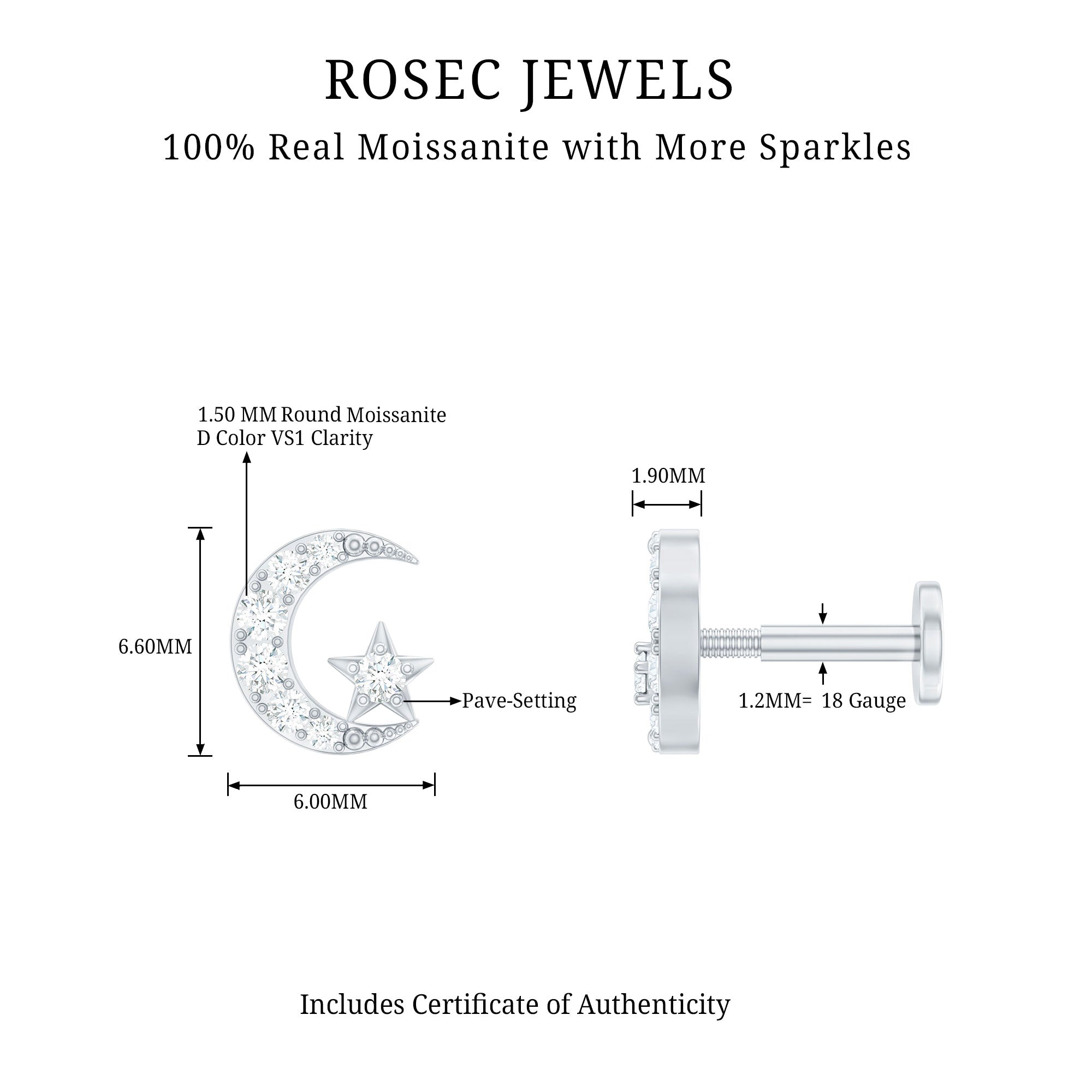 Moissanite Moon and Star Cartilage Earring D-VS1 - Rosec Jewels