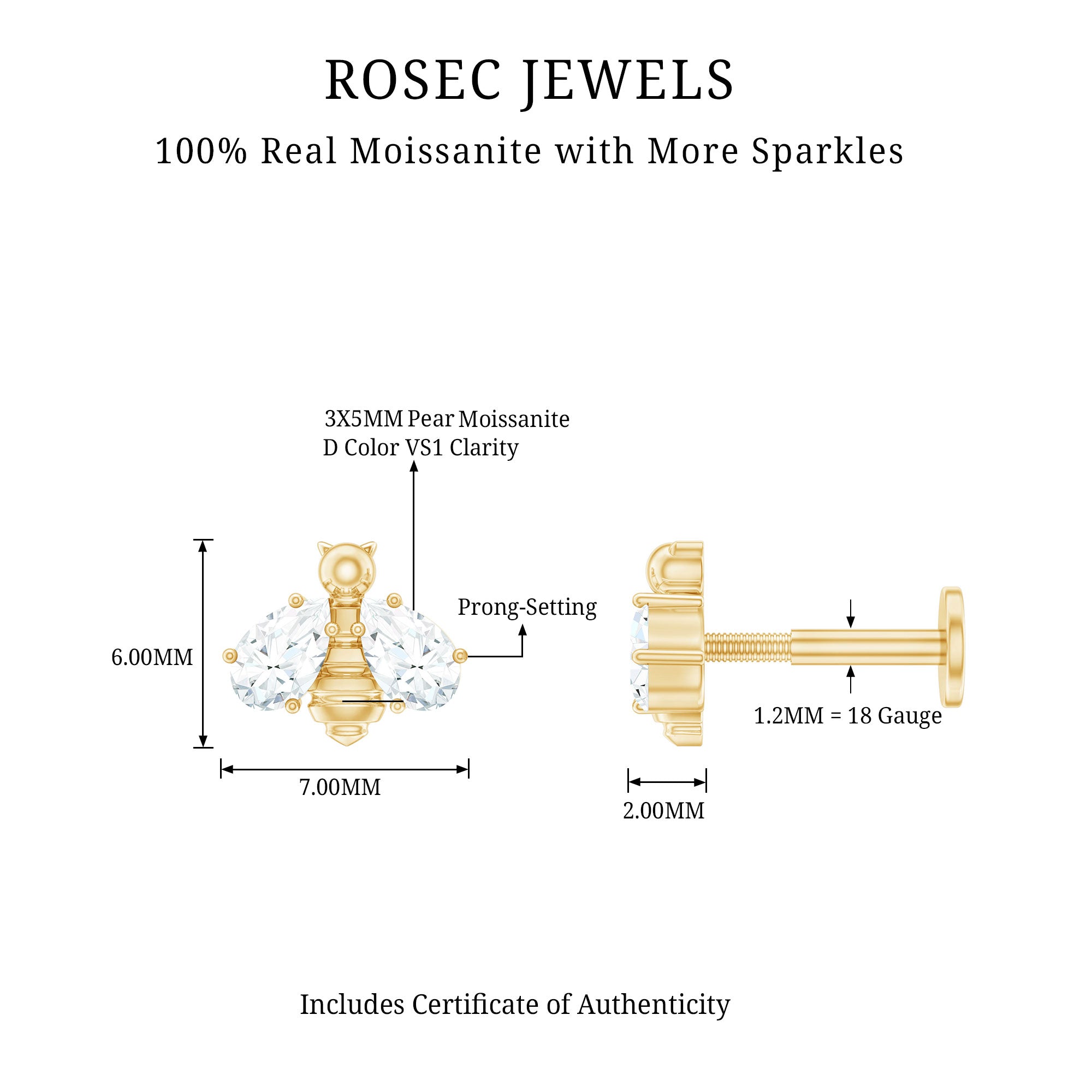 Pear Cut Moissanite Bee Earring for Cartilage Piercing D-VS1 - Rosec Jewels