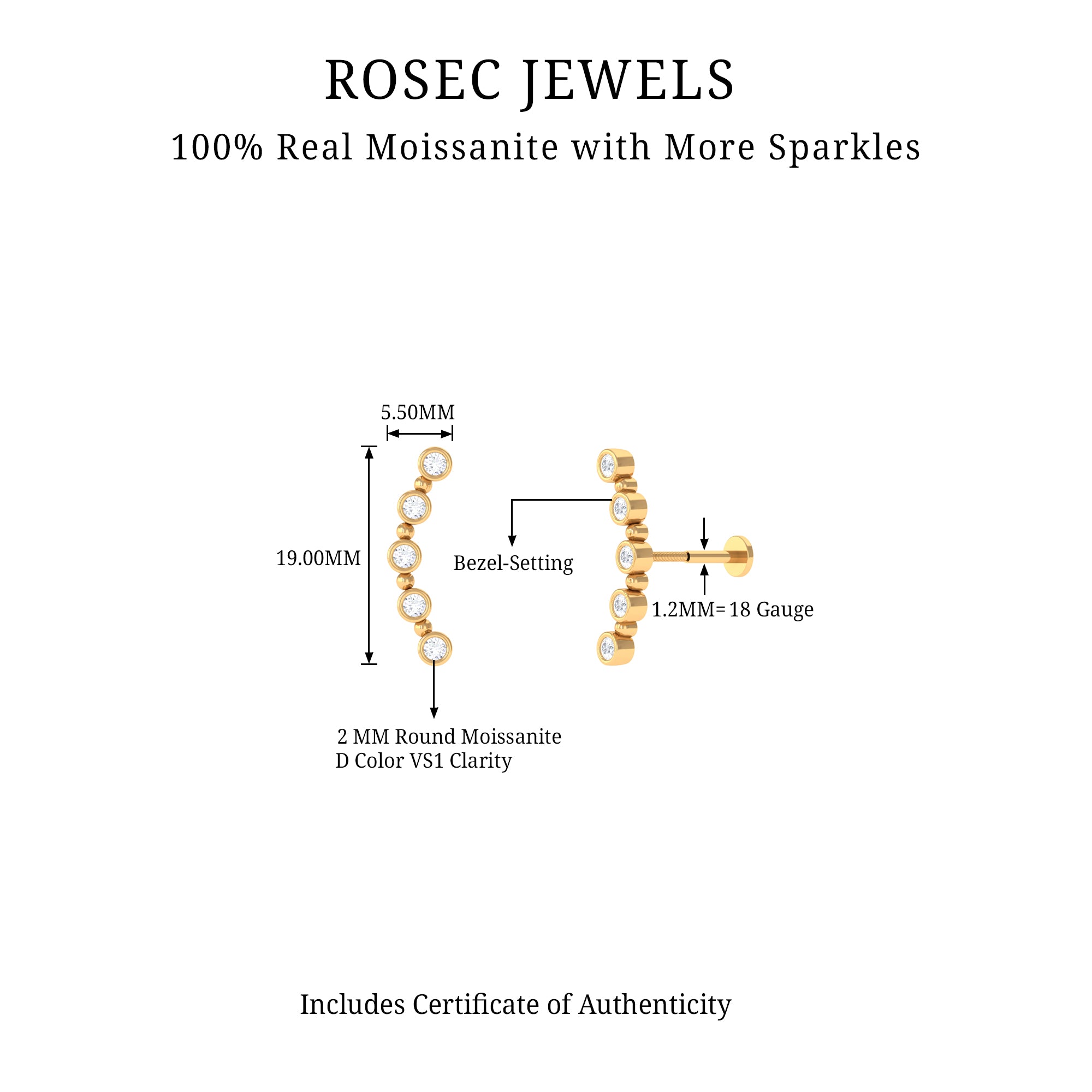 Round Moissanite Curved Climber Earring in Bezel Setting D-VS1 - Rosec Jewels