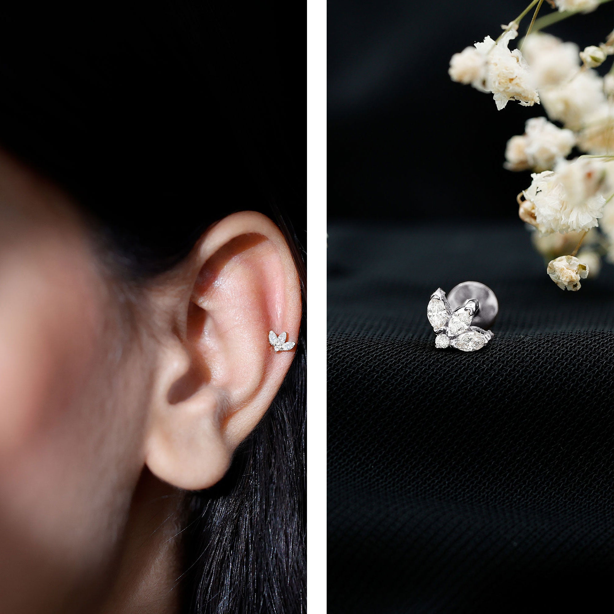 Marquise Diamond Lotus Earring for Cartilage Piercing Natural - ( HI-SI ) - Rosec Jewels