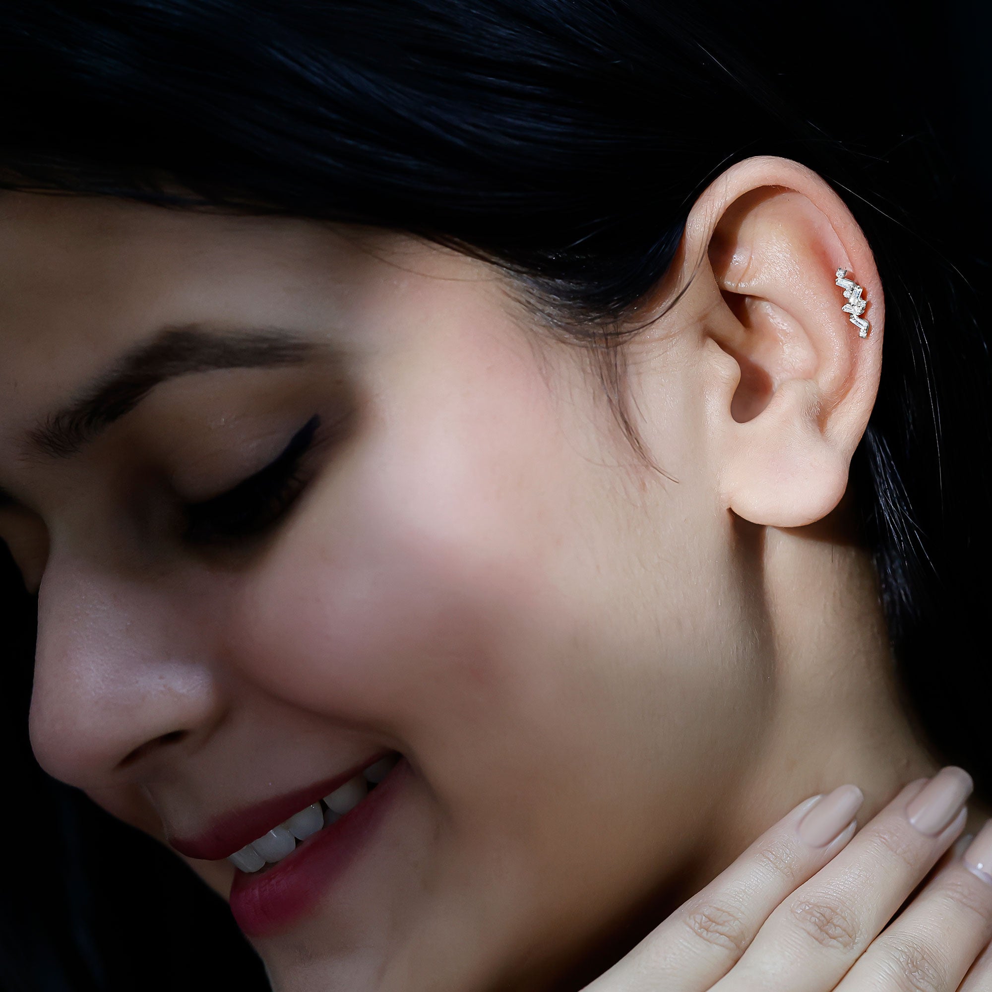 Baguette Diamond Cartilage Earring with Flat Back Natural - ( HI-SI ) - Rosec Jewels