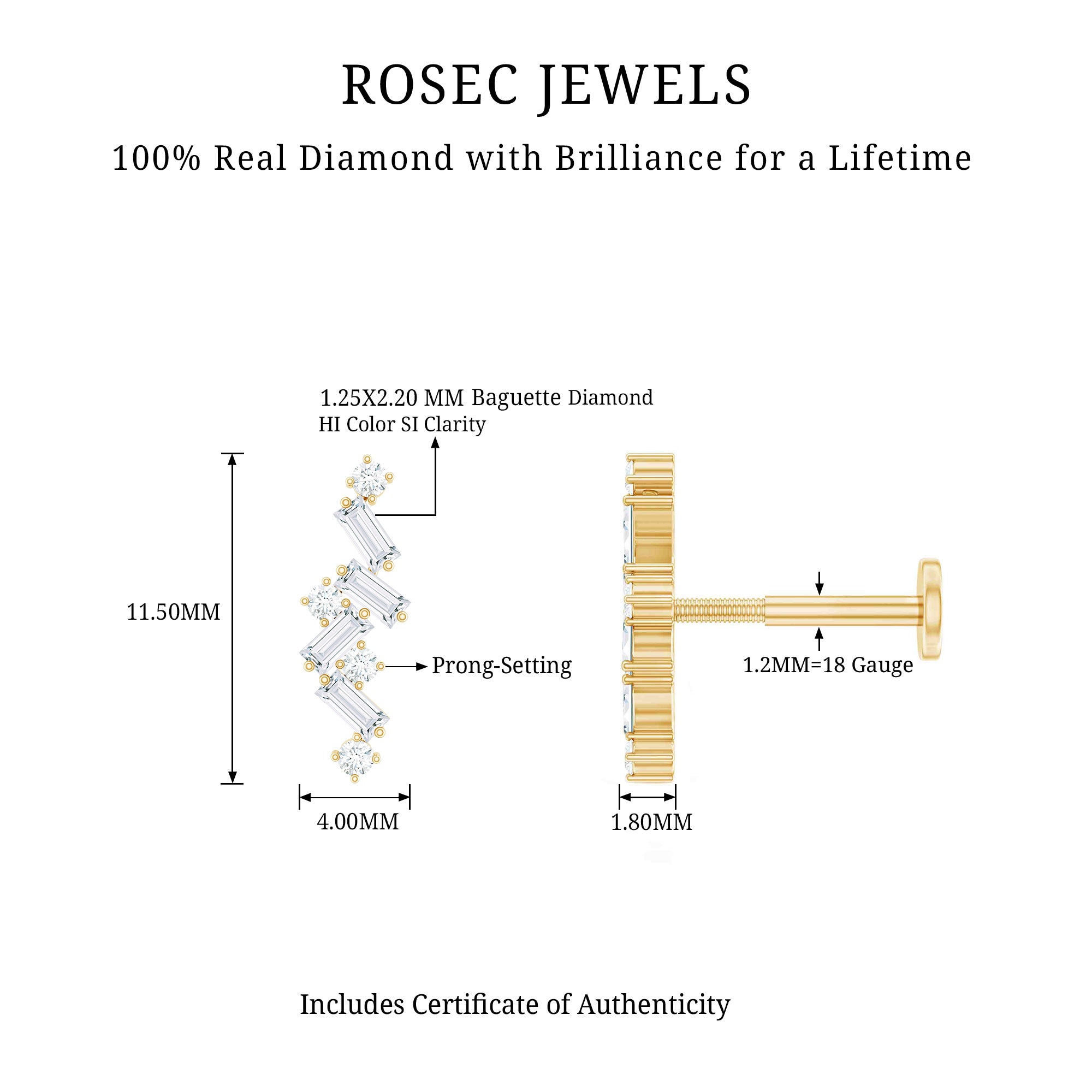 Baguette Diamond Cartilage Earring with Flat Back Natural - ( HI-SI ) - Rosec Jewels