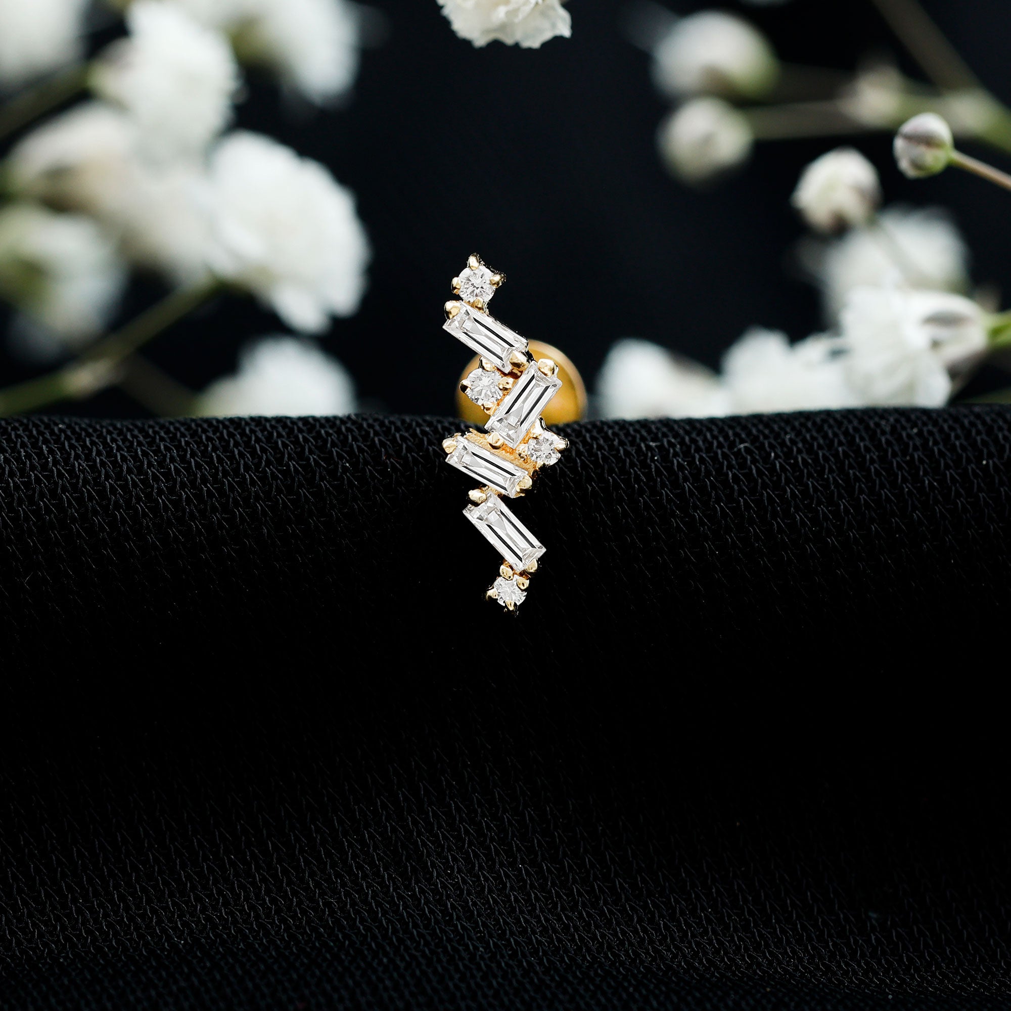 Baguette Diamond Cartilage Earring with Flat Back Natural - ( HI-SI ) - Rosec Jewels