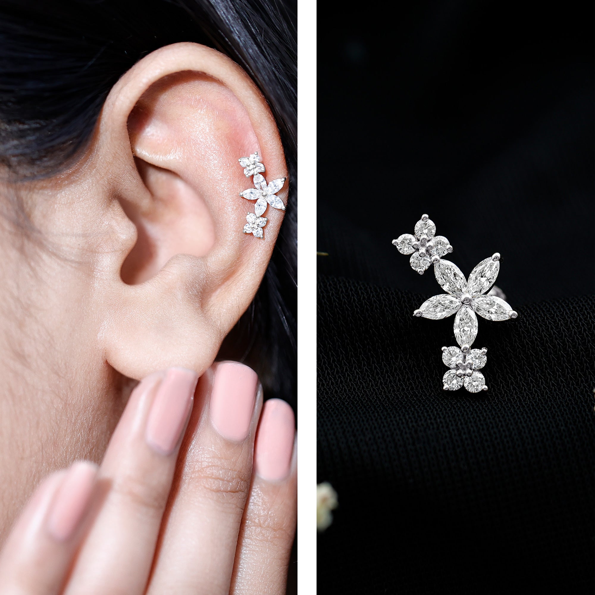 Cartilage Flower Crawler Earring with Diamond Natural - ( HI-SI ) - Rosec Jewels