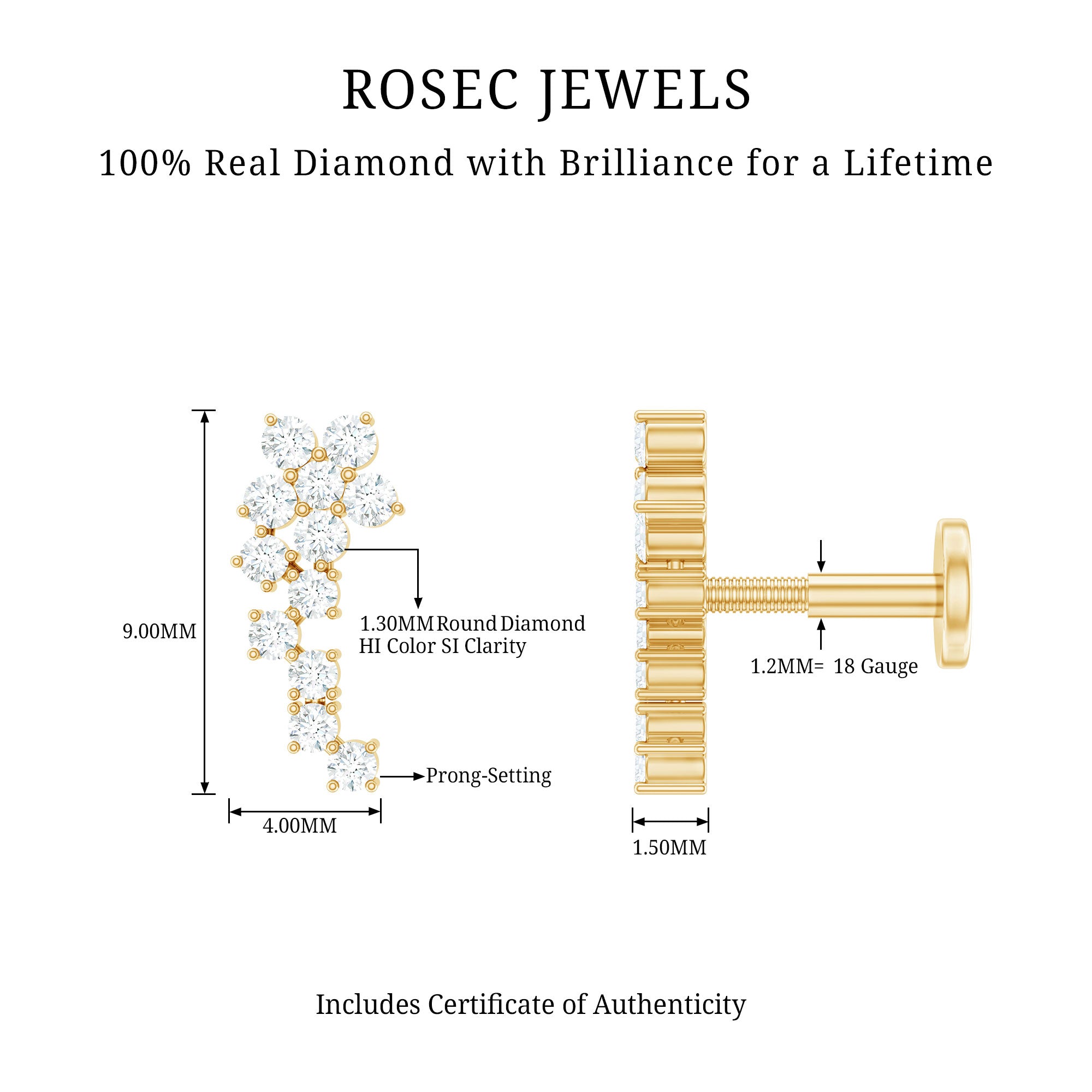 Diamond Floral Cluster Earring for Helix Piercing Natural - ( HI-SI ) - Rosec Jewels