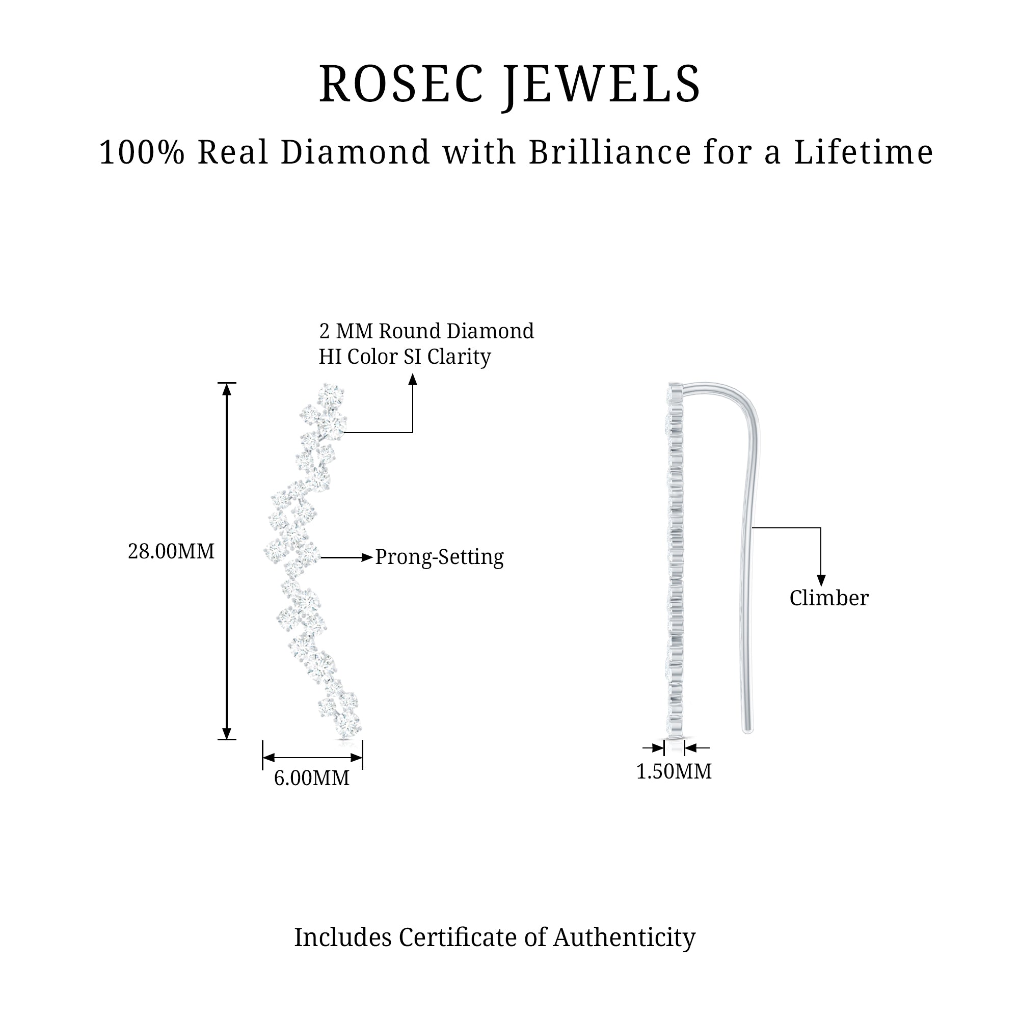 Diamond Cluster Climber Earring for Helix Piercing Natural - ( HI-SI ) - Rosec Jewels