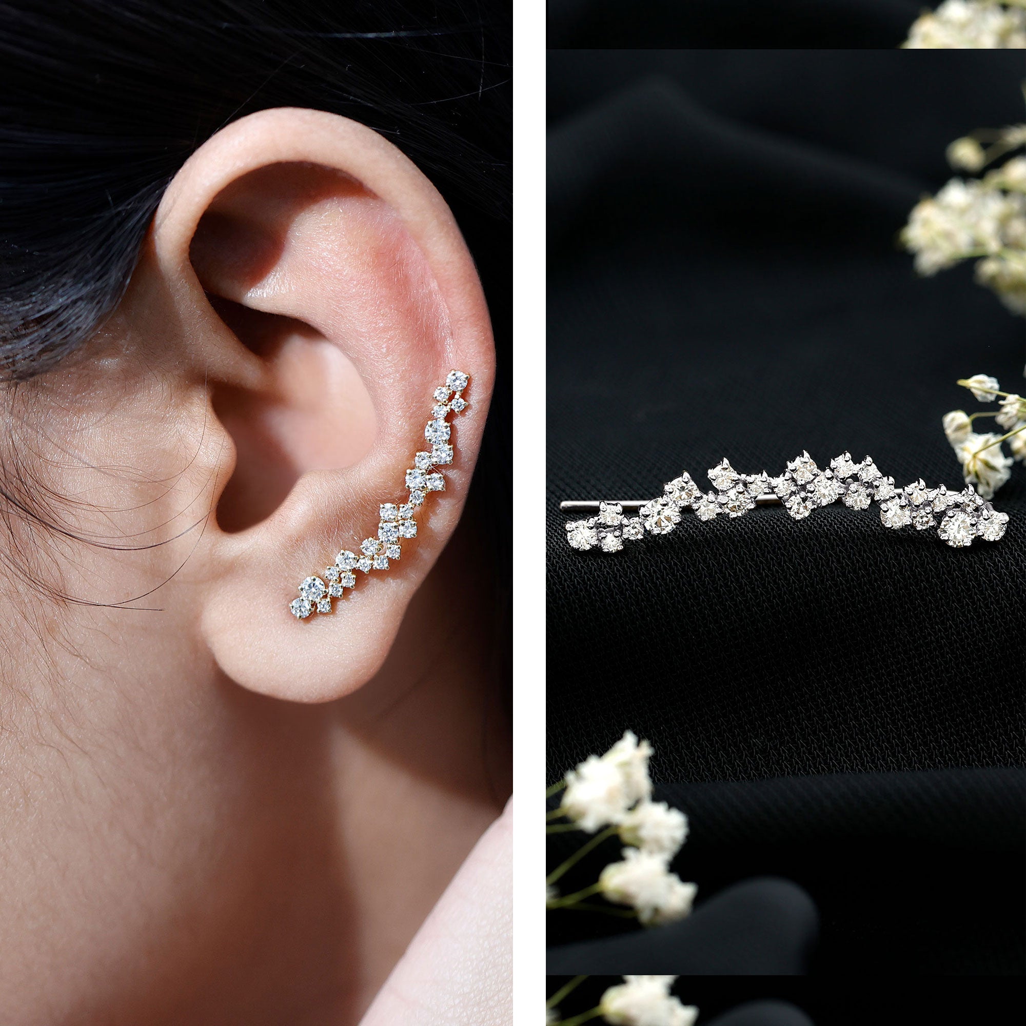 Diamond Cluster Climber Earring for Helix Piercing Natural - ( HI-SI ) - Rosec Jewels