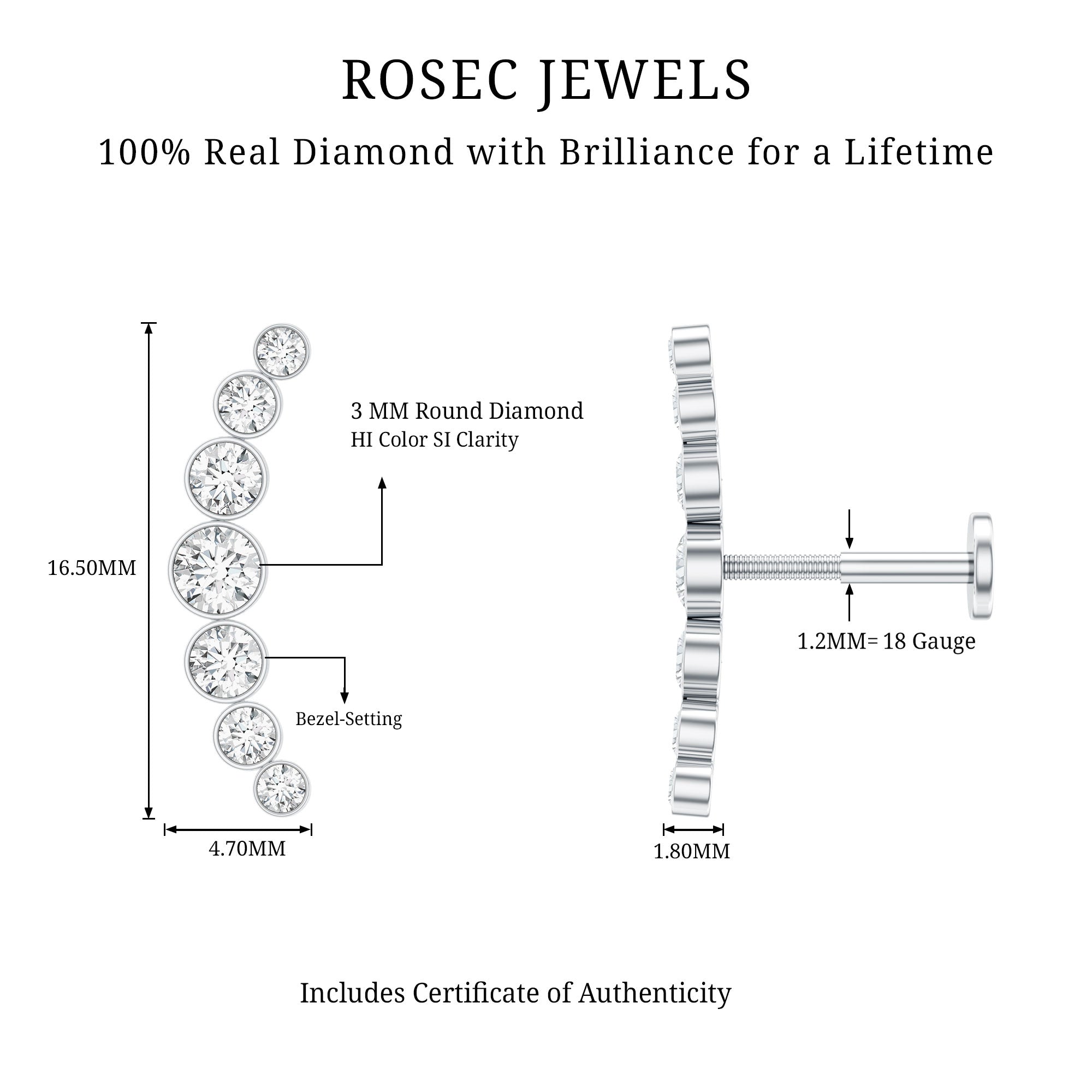 Graduated Diamond Crawler Helix Earring in Bezel Set Natural - ( HI-SI ) - Rosec Jewels