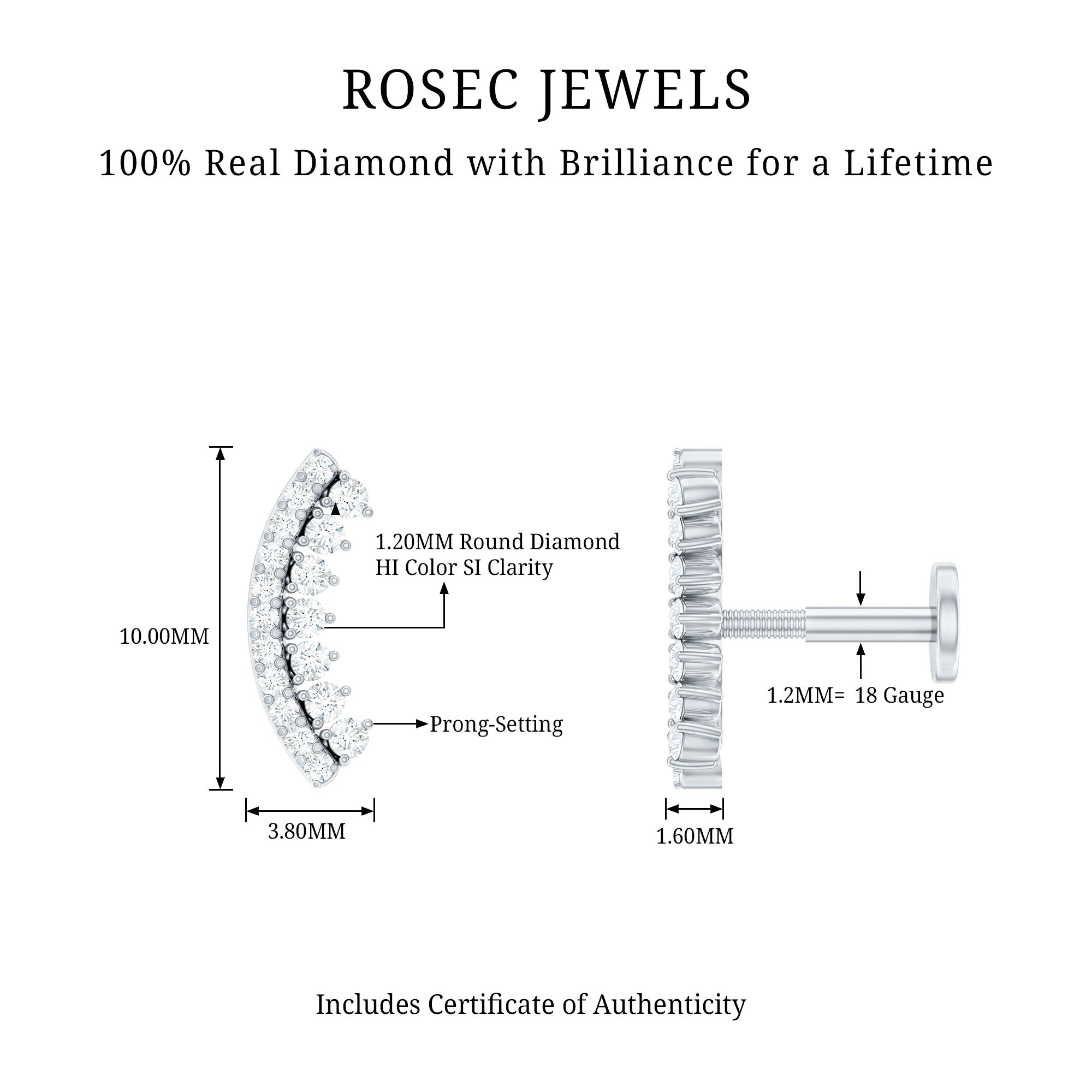 Certified Diamond Curved Cartilage Earring for Women Natural - ( HI-SI ) - Rosec Jewels