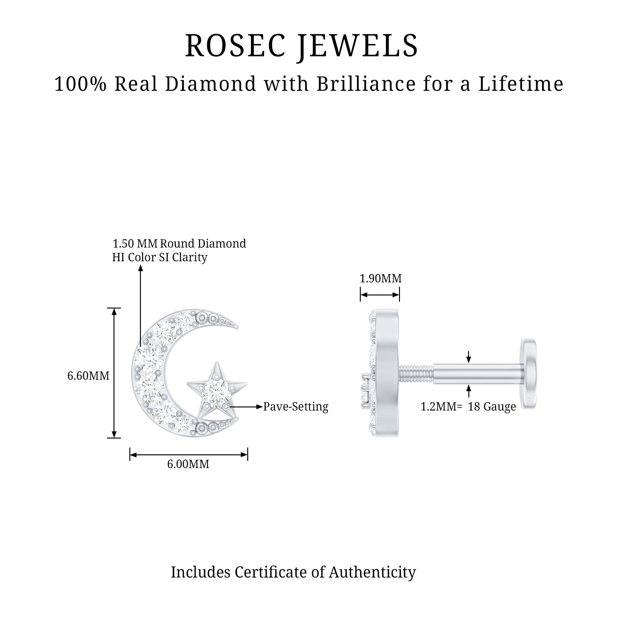 Certified Diamond Crescent Moon Helix Earring with Star Natural - ( HI-SI ) - Rosec Jewels
