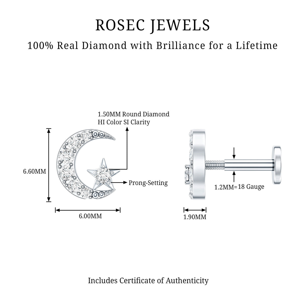 Certified Diamond Crescent Moon Helix Earring with Star Natural - ( HI-SI ) - Rosec Jewels