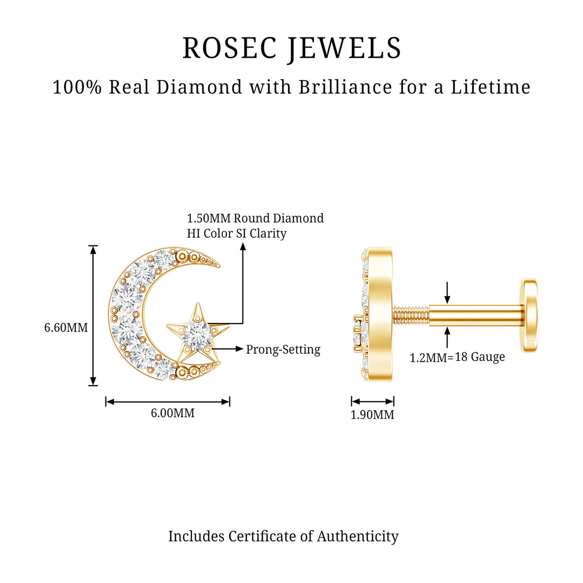 Certified Diamond Crescent Moon Helix Earring with Star Natural - ( HI-SI ) - Rosec Jewels