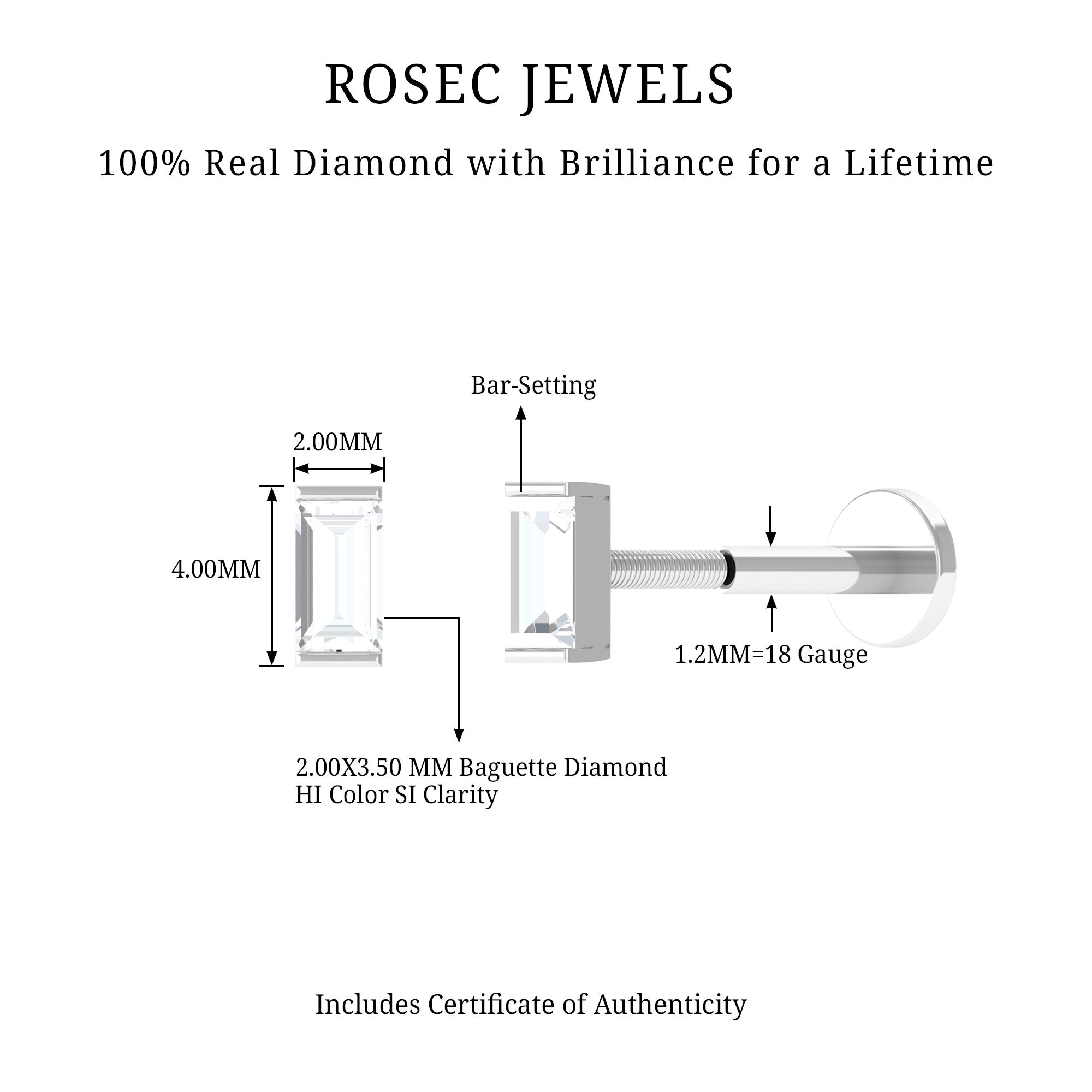 Solitaire Baguette Diamond Earring for Tragus Piercing Natural - ( HI-SI ) - Rosec Jewels
