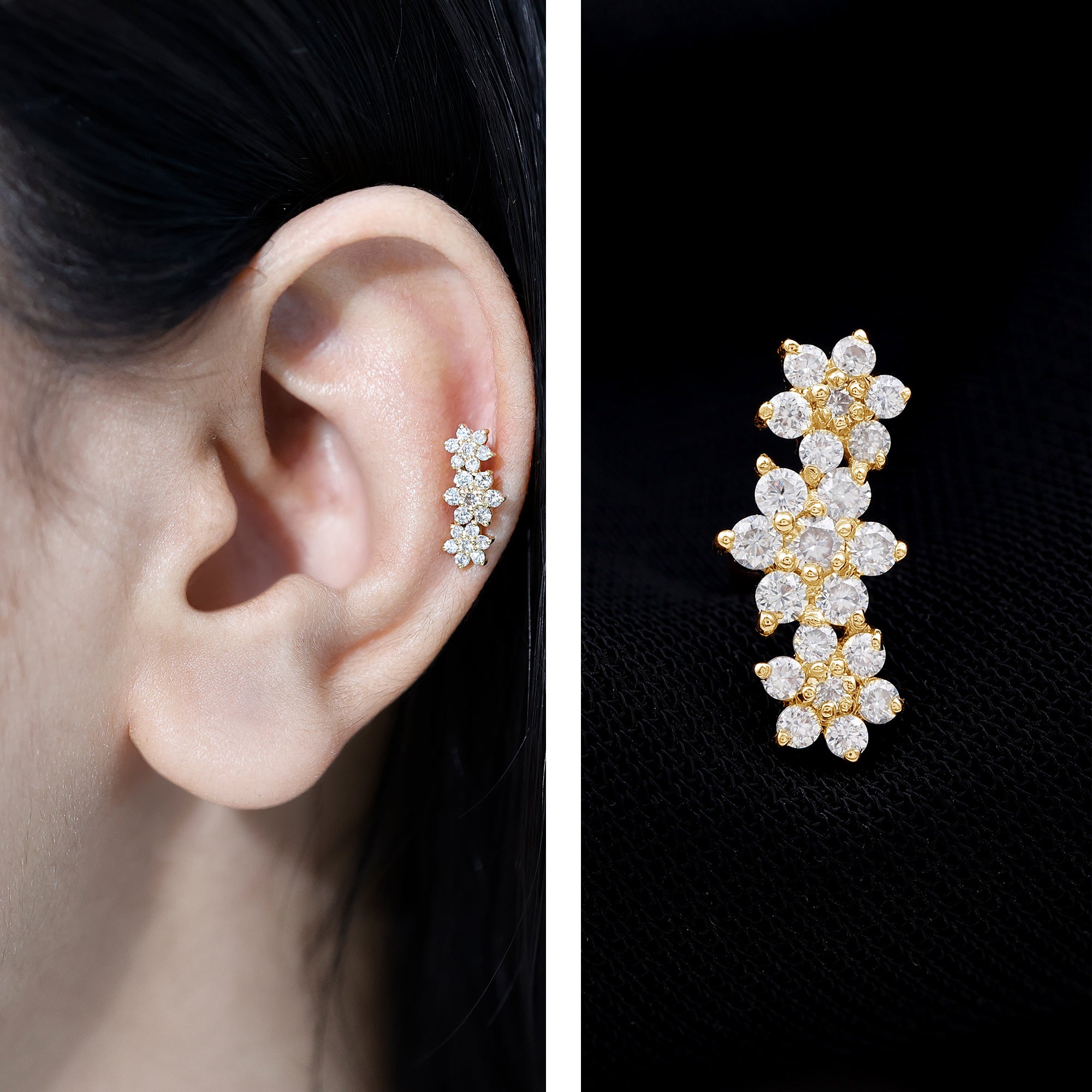 Diamond Three Flower Crawler Earring for Helix Piercing Natural - ( HI-SI ) - Rosec Jewels