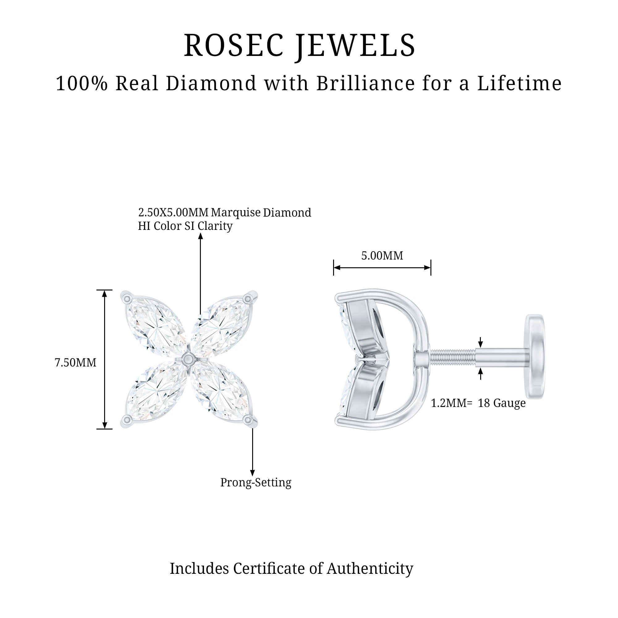Marquise Four Petal Flower Cartilage Earring Natural - ( HI-SI ) - Rosec Jewels